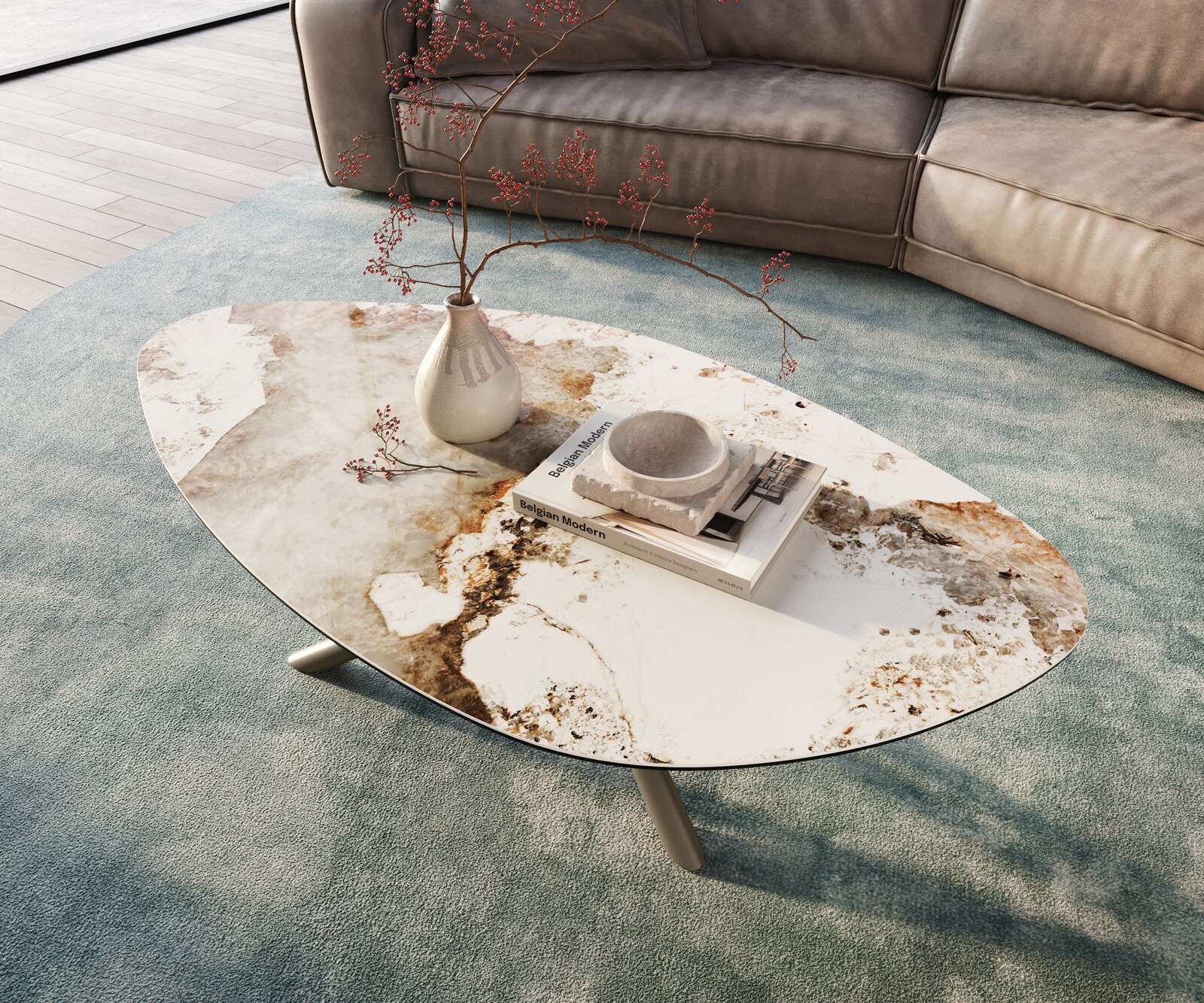 Stolik kawowy Edge organiczny 140x76 cm ceramika Minas Melange podstawa Sarity wykończenie tytanowe 4