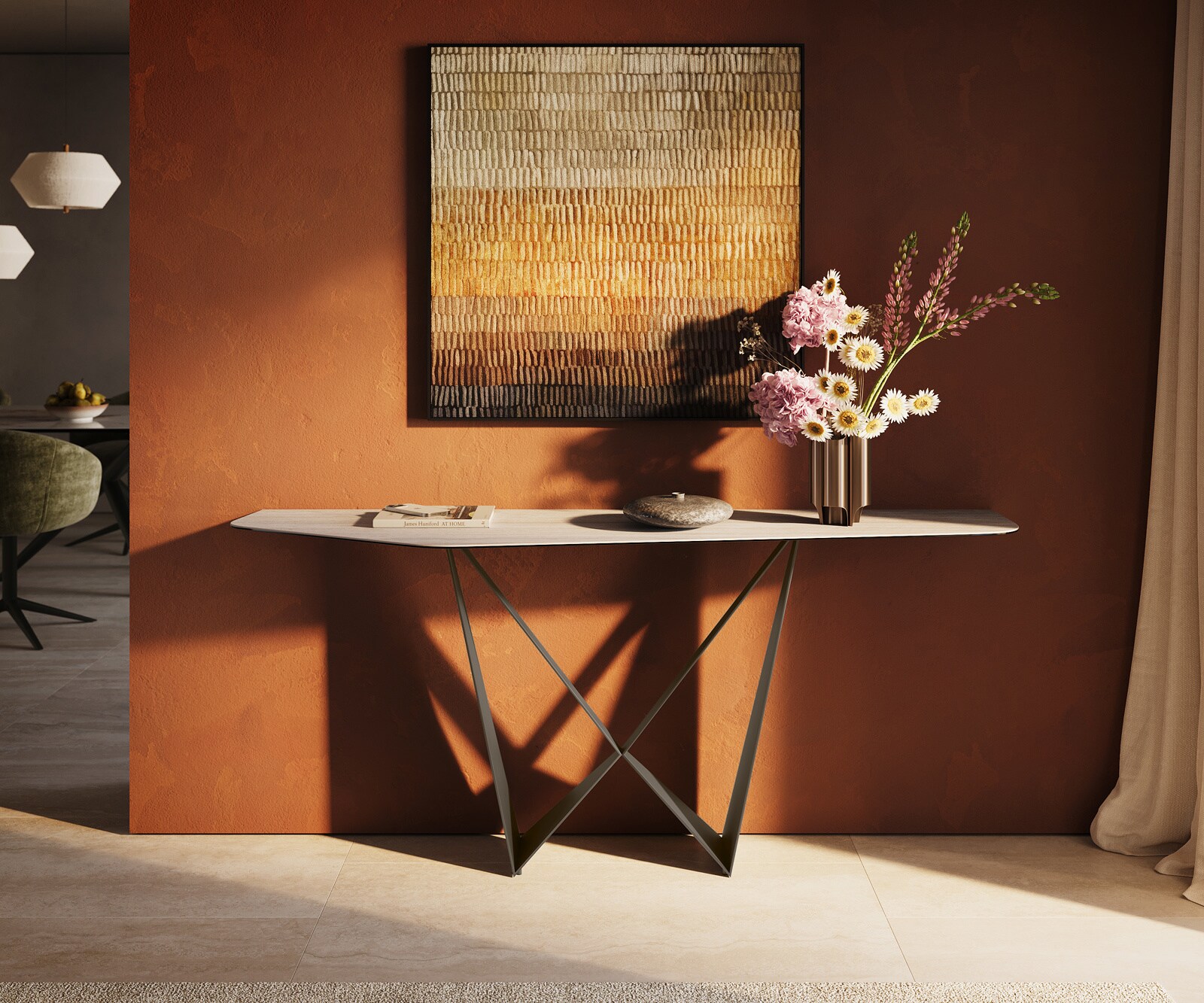 Konsola Edge wielokątna 180x50 cm ceramika Laminam® Travertino Bianco kremowo-biały podstawa Spios metal w kolorze tytanu 2