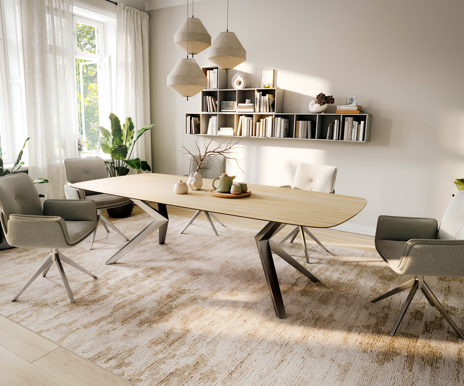 Stół do jadalni Edge w kształcie beczki 260x120 cm ceramika Laminam® Sabbia w kolorze dębu rama Zenthara stal nierdzewna 6