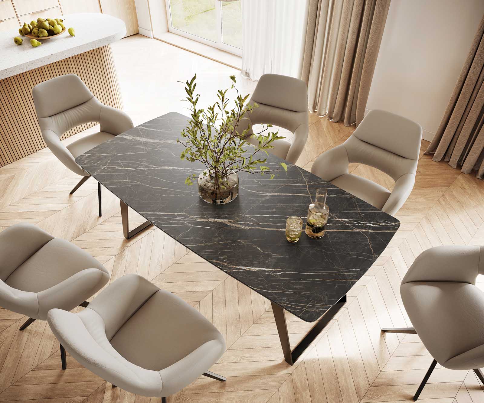 Stół do jadalni Edge kształt beczki 200x100cm ceramika Laminam® Noir Desir brązowy metal pochylona rama czarna 3