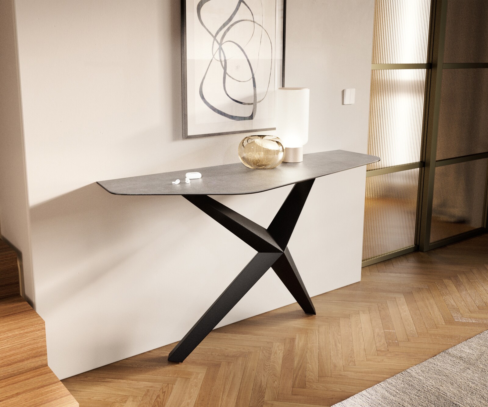 Konsola Edge wielokątna 140x50 cm ceramika w kolorze betonowej szarości podstawa Zentharo metal czarny 1