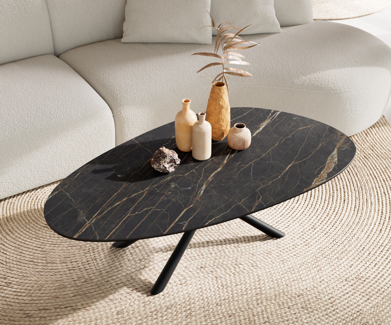 Stolik kawowy Edge owalny 140x75 cm ceramika Laminam® Noir Desir brązowa podstawa Sarity metal czarny 4