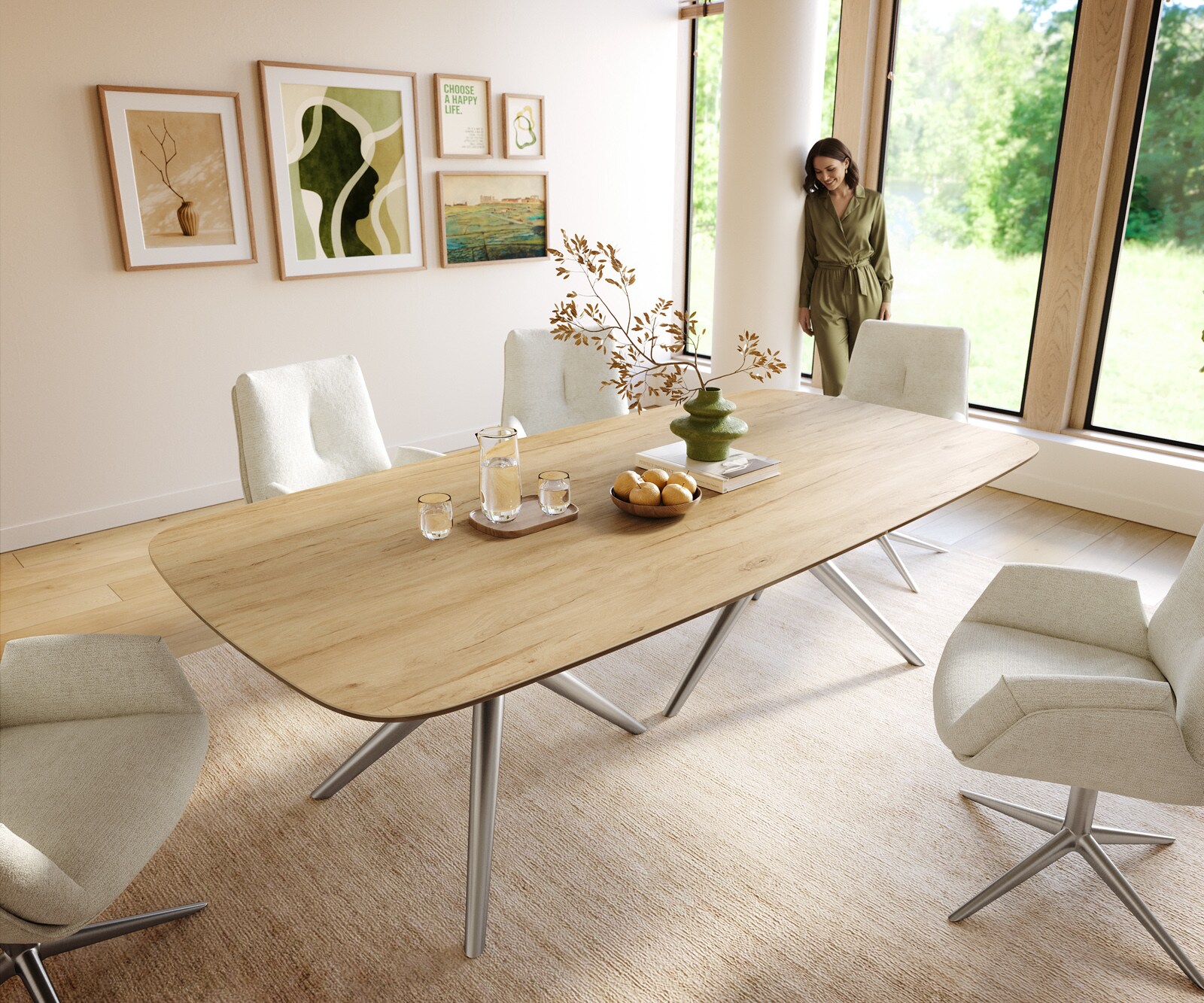 Stół do jadalni Edge w kształcie beczki 240x120cm ceramika Laminam® Sabbia kolor dębowy rama Estelar stal nierdzewna 1