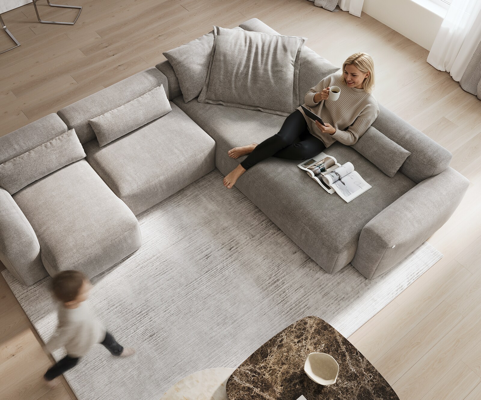 Sofa w kształcie litery U Freestyle 360x290 cm miękka tkanina strukturalna szara szew płaski 3