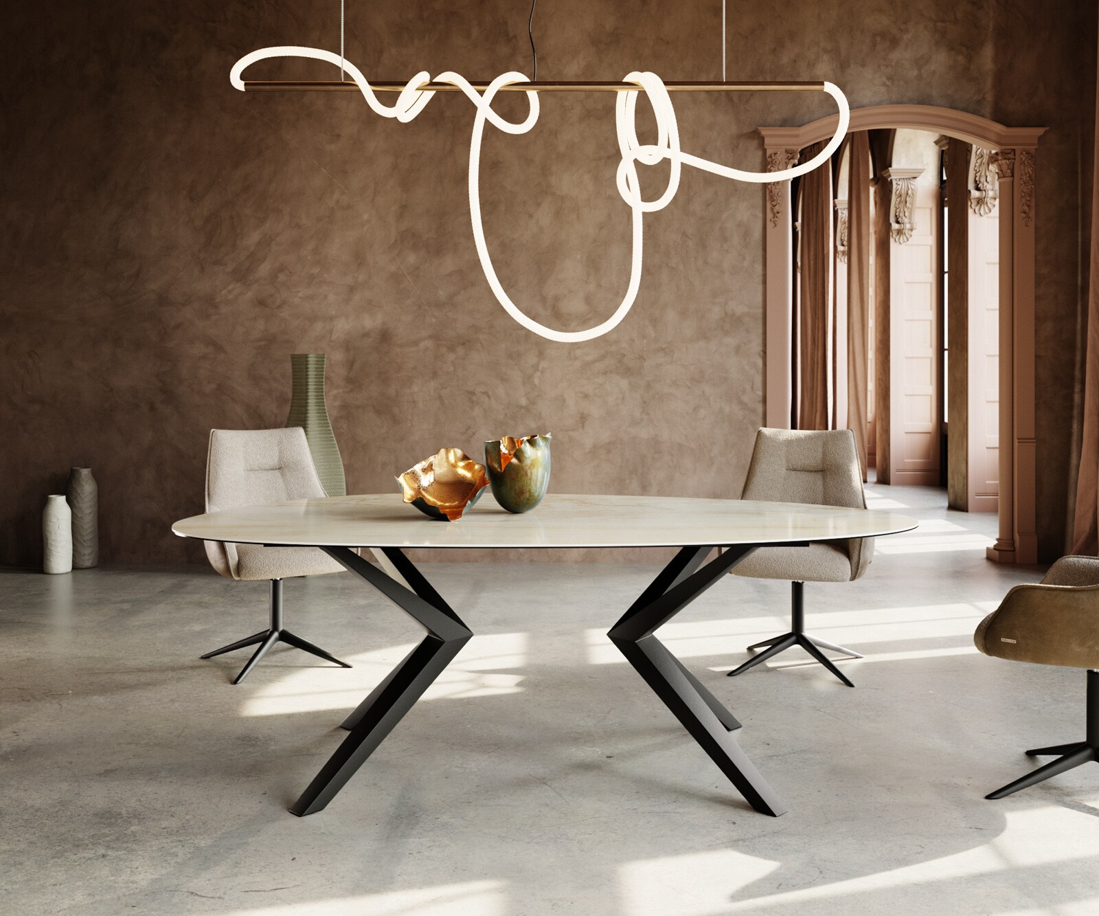 Stół do jadalni Edge owalny 220x120cm ceramika Iris FMG Onice Oro rama Zenthara metal czarny 2