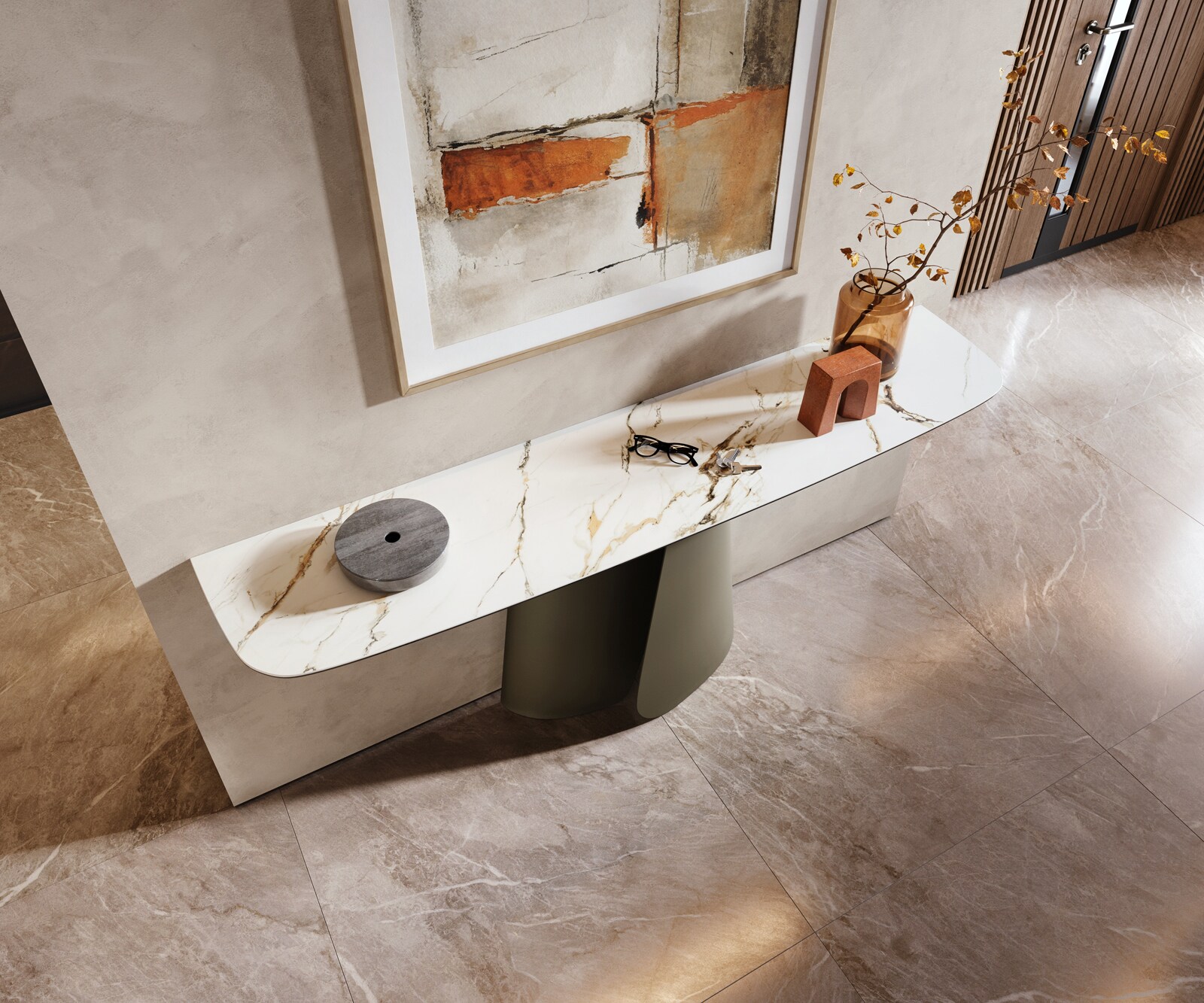 Konsola Edge w kształcie beczki 180x40 cm Calacatta Luxe biało-złoto-szara podstawa Livos metal w kolorze tytanu 2