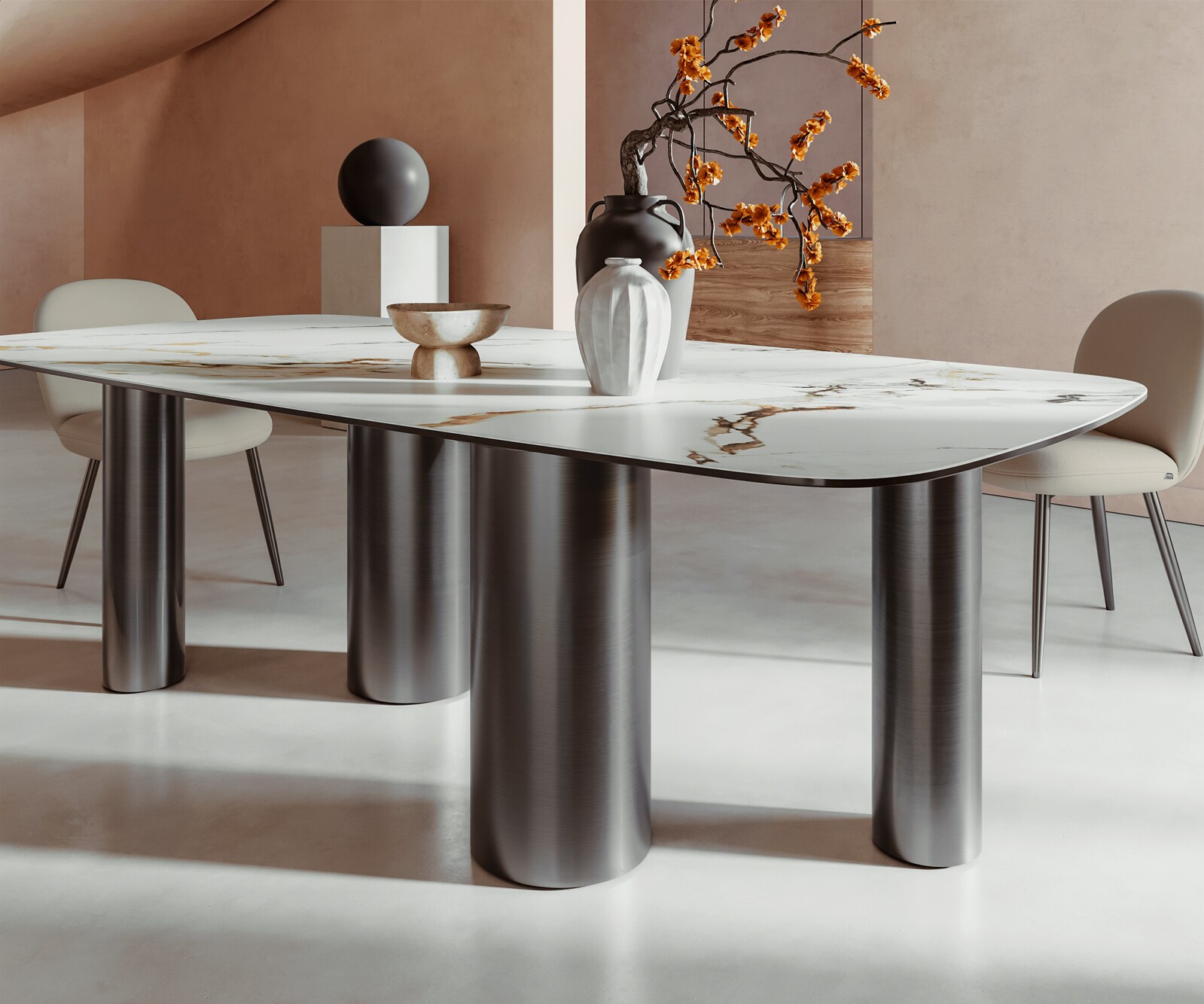 Stół do jadalni Edge kształt beczki 240x120cm ceramika Calacatta Luxe biało-złoto-szary rama Pilier stal nierdzewna grafit 6