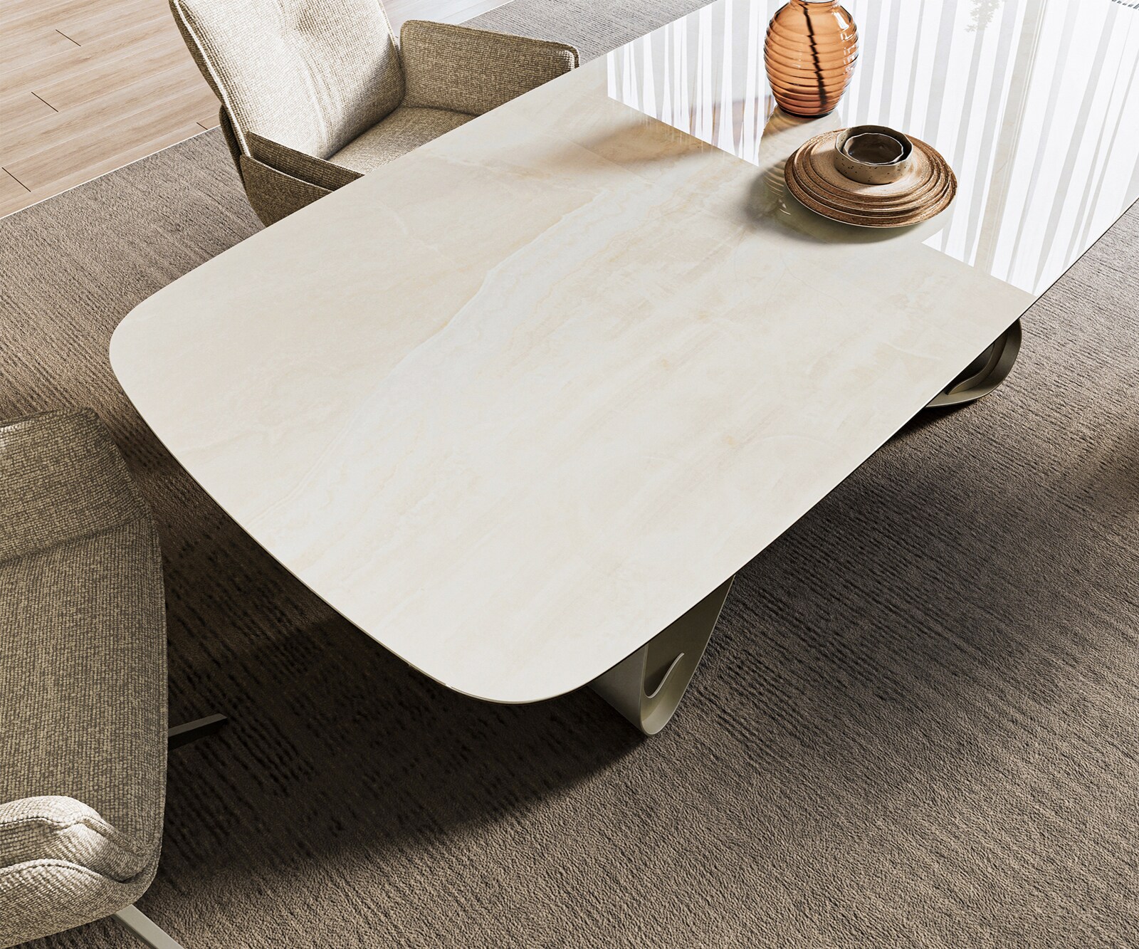 Stół do jadalni Edge w kształcie beczki 200x100 cm ceramika Onyx Champagne rama typu W metal w kolorze tytanu 3
