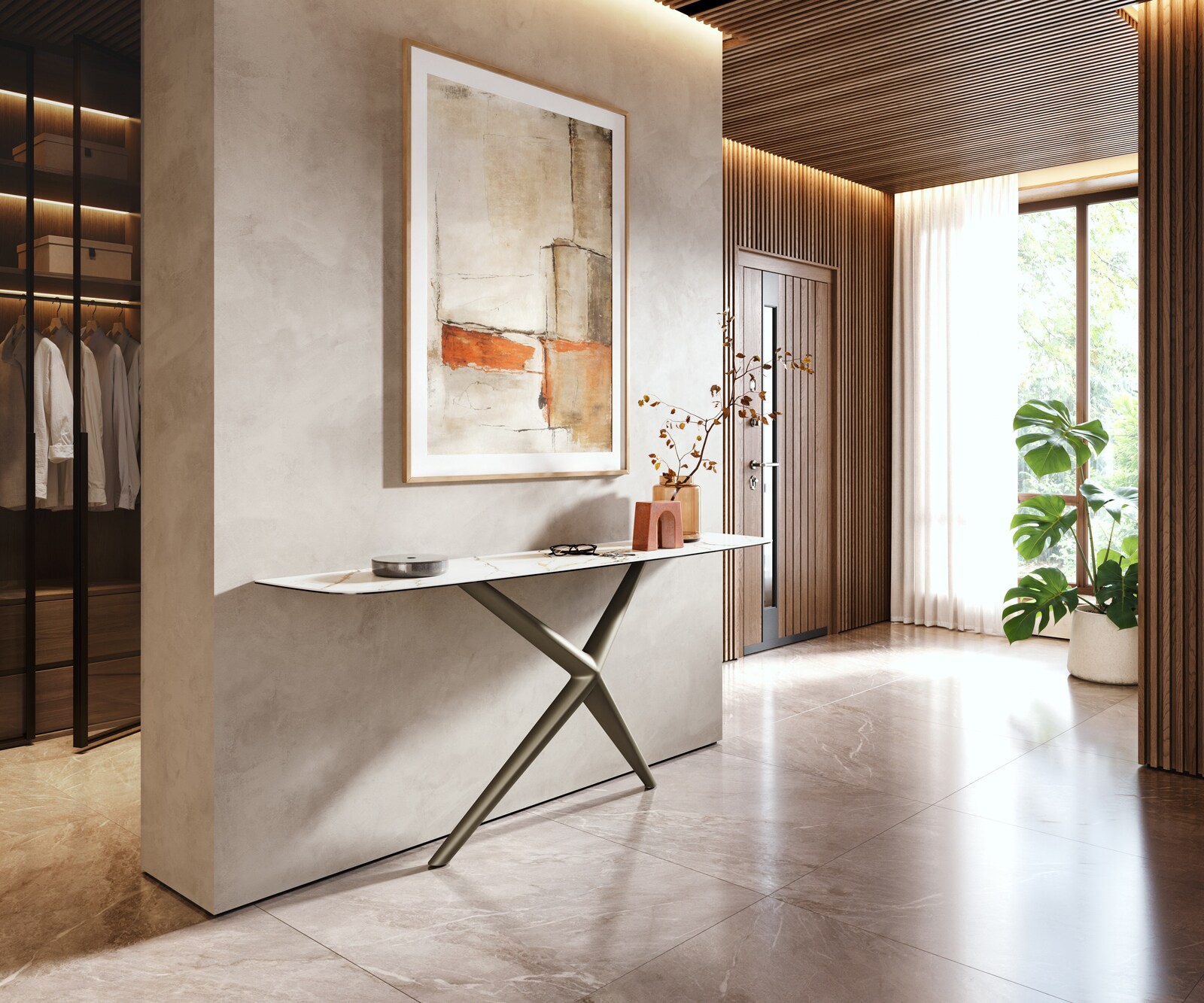 Konsola Edge w kształcie beczki 180x40 cm Calacatta Luxe biało-złoto-szara rama Estelo metal w kolorze tytanu 6