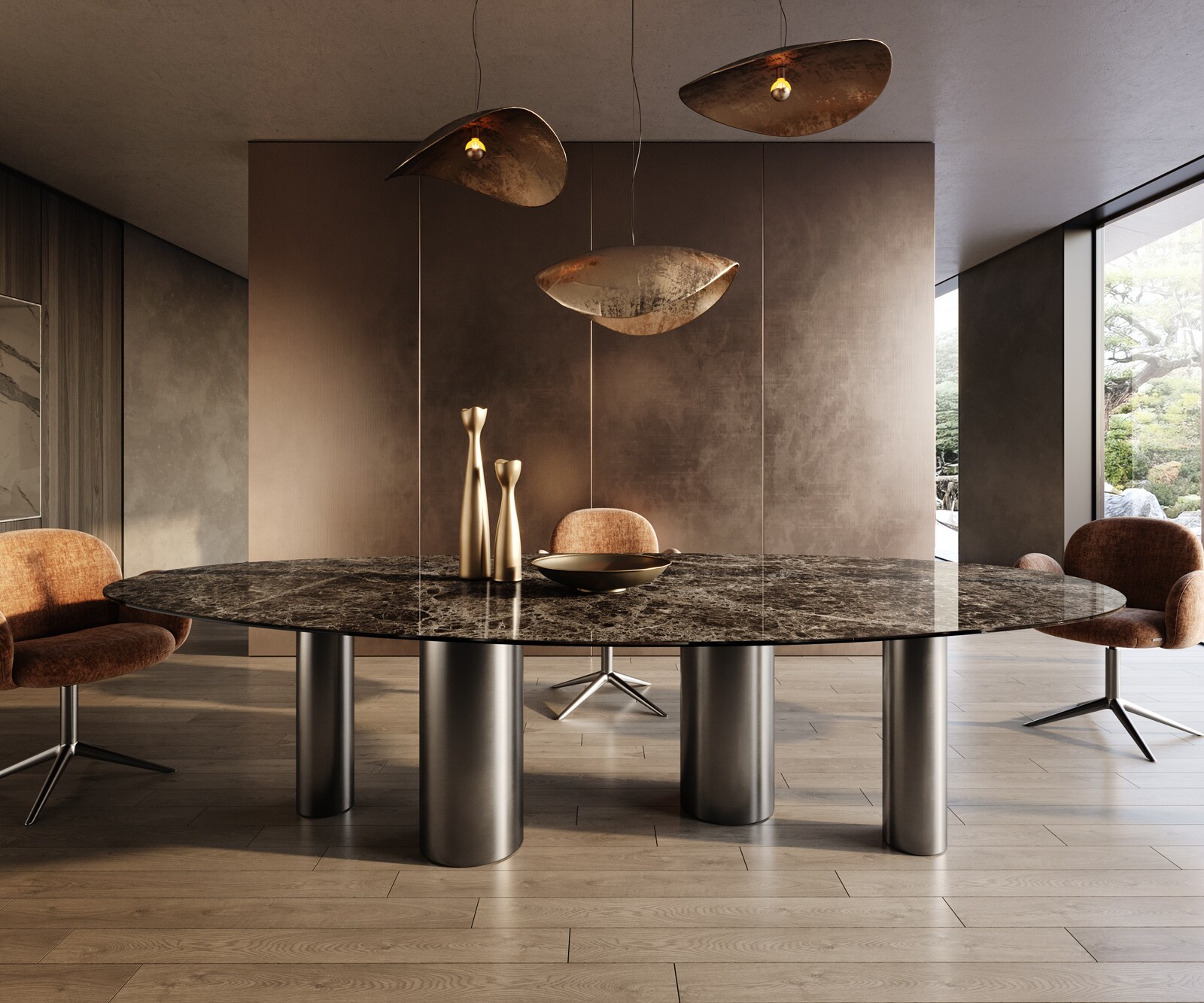 Stół do jadalni Edge owalny 315x150cm ceramika Emperador Extra Lucidato ciemnobrązowy rama Pilier stal nierdzewna grafit 2