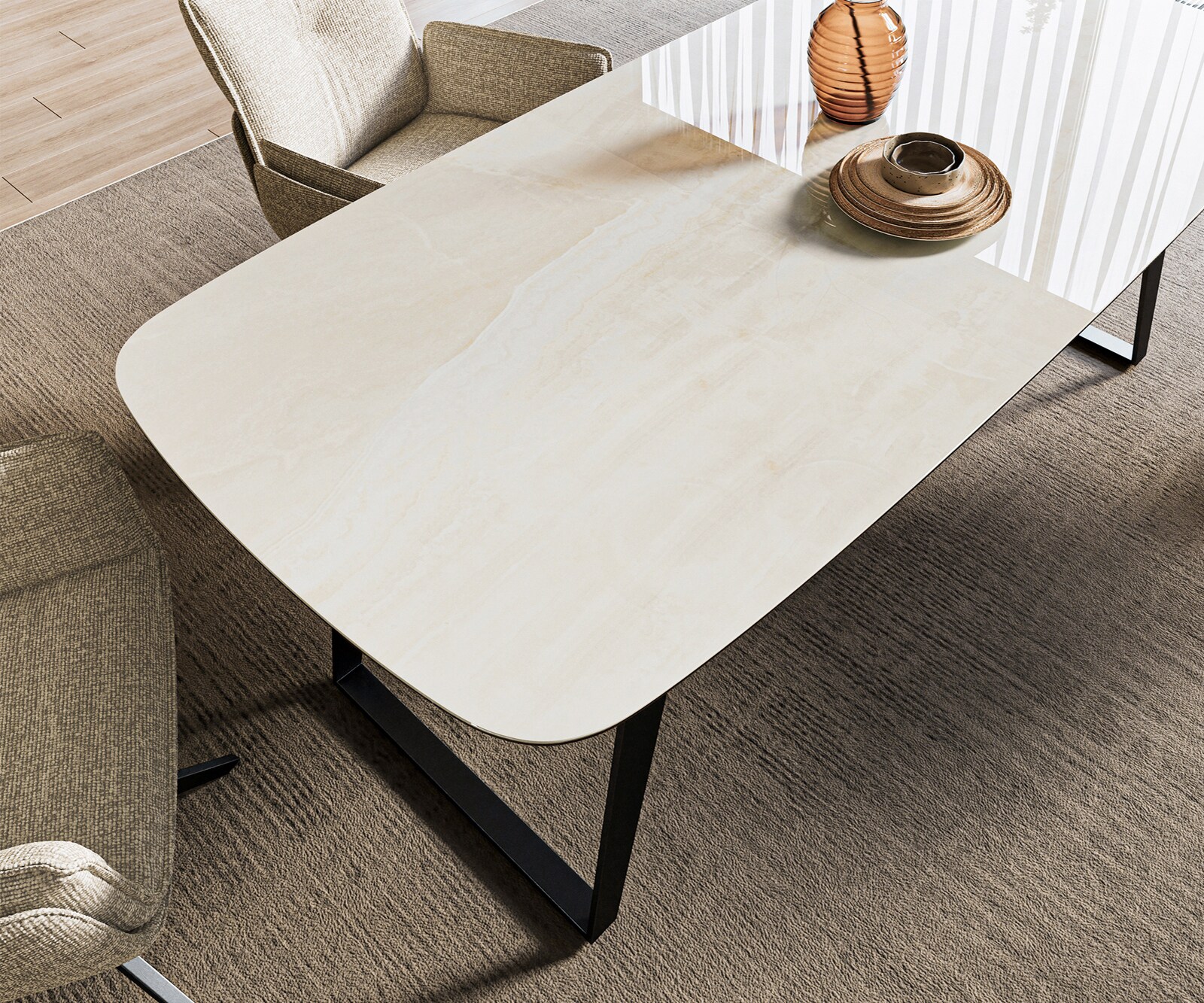Stół do jadalni Edge w kształcie beczki 200x100 cm ceramika Onyx Champagne rama pochylona metal czarny 3