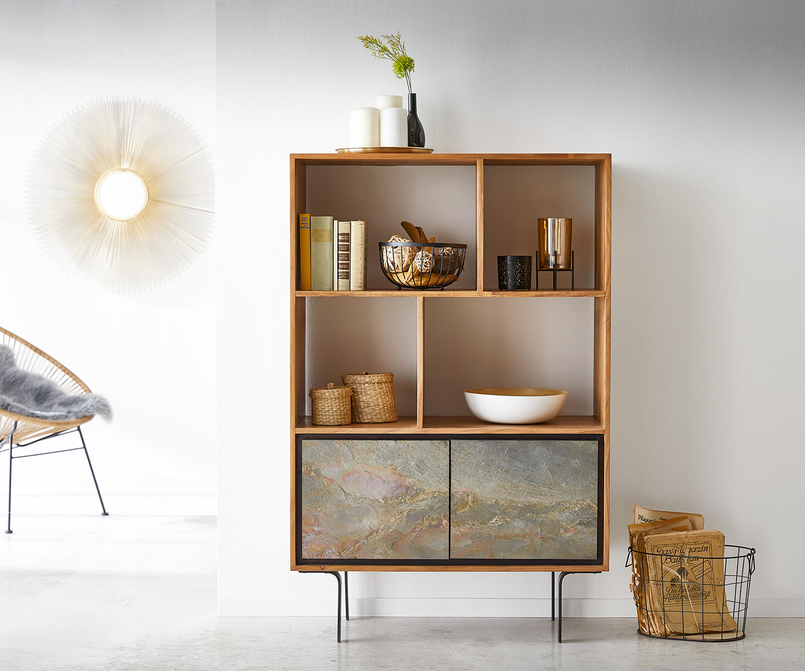 Kredens Juwelo 88x135cm akacja naturalna z fornirem kamiennym