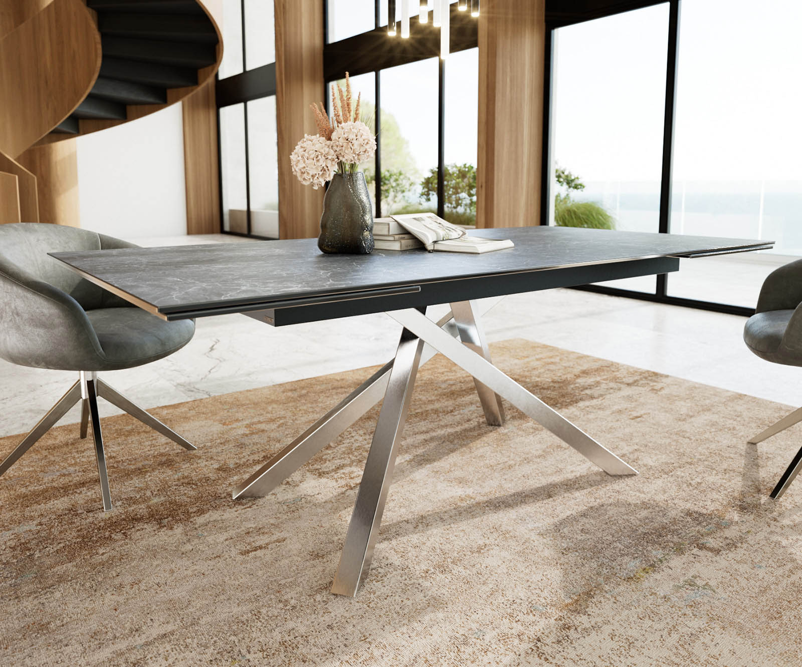 Stół do jadalni Edge 200-300x100 cm ceramika Laminam® Nero Greco antracyt rama Cross stal nierdzewna rozkładany 4