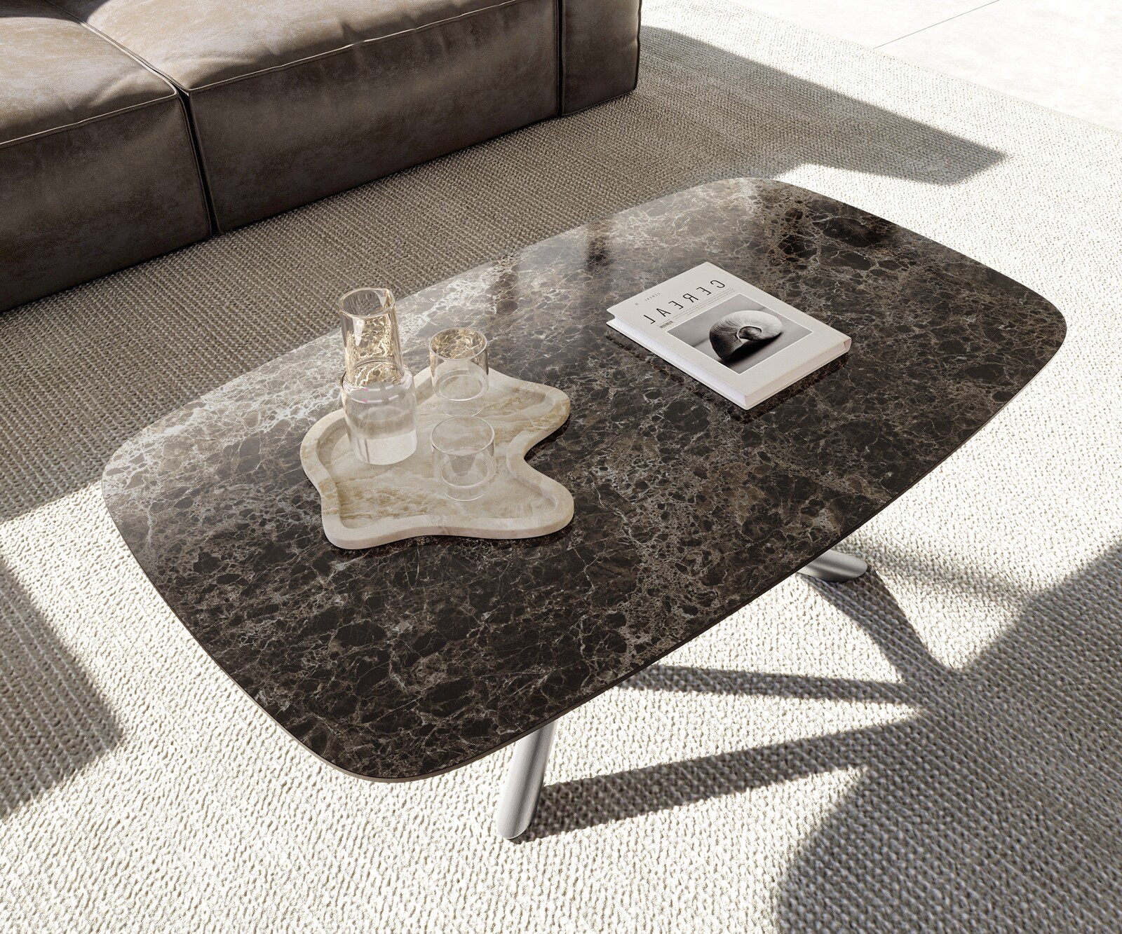 Stolik kawowy Edge w kształcie beczki 120x70 cm ceramika Laminam® Emperador Extra Lucidato ciemnobrązowy Sarity stal nierdzewna szczotkowana 4