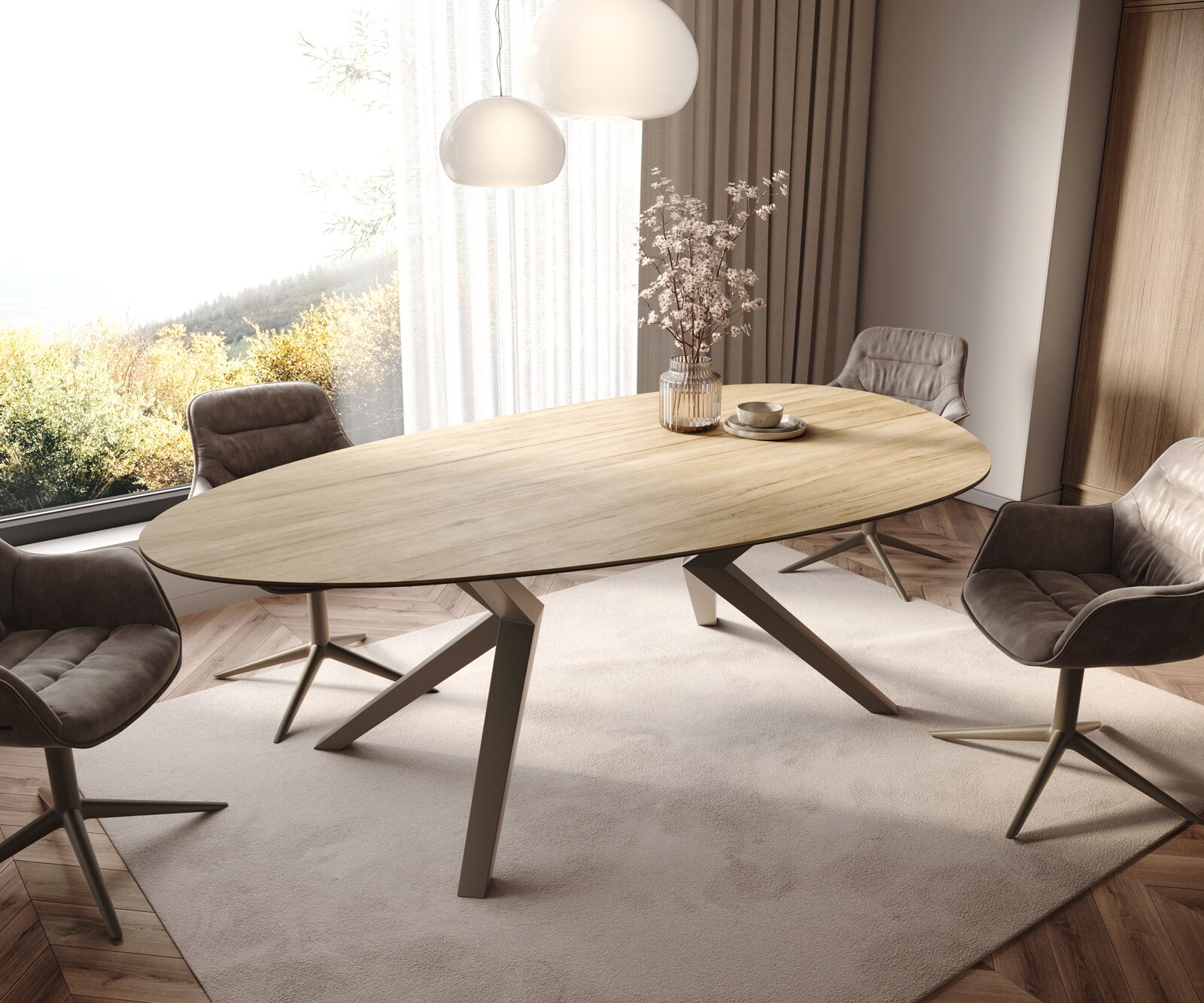 Stół do jadalni Edge owalny 220x120cm ceramika Laminam® Sabbia kolor dębowy rama Zenthara metal kolor tytanowy