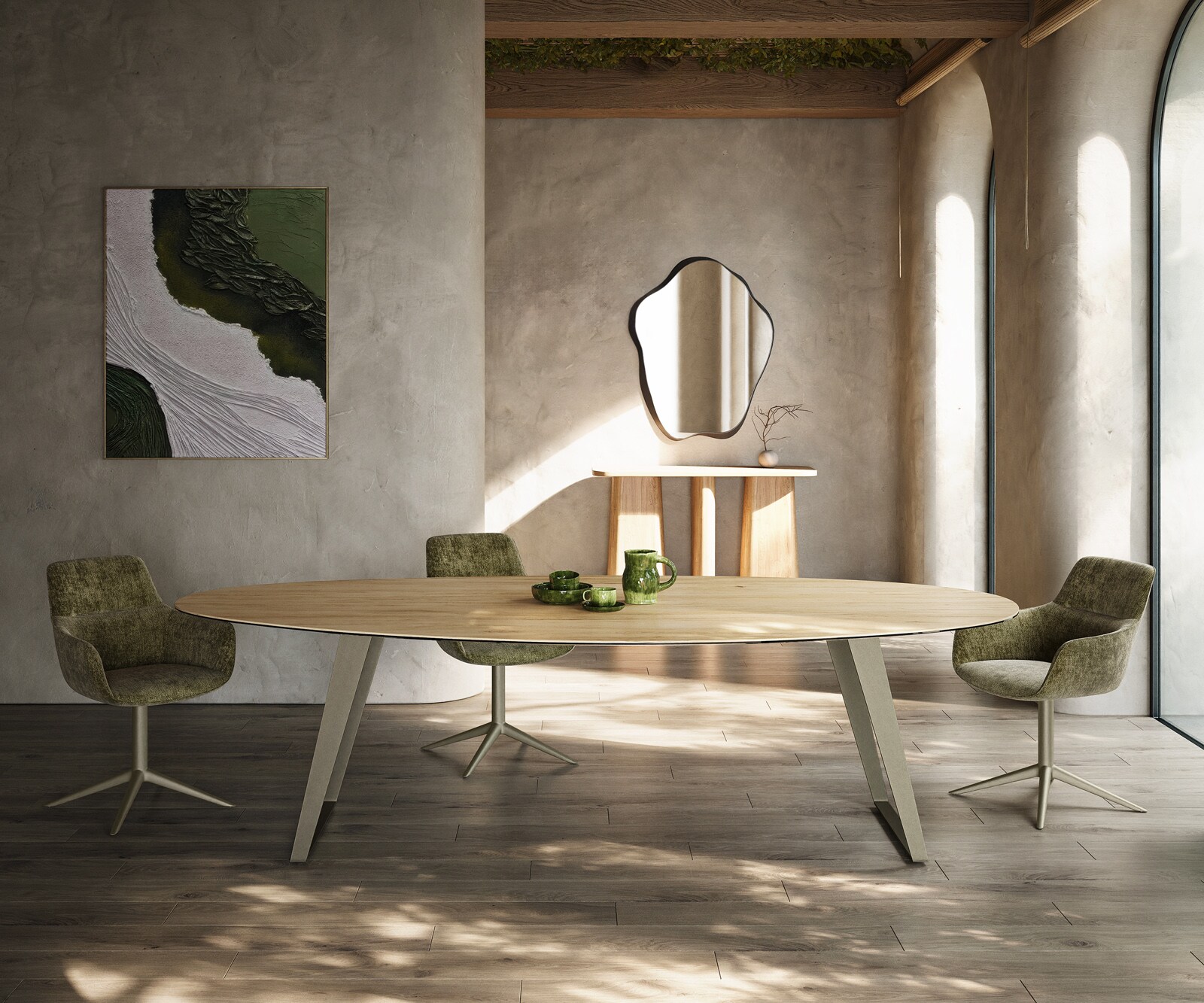 Stół do jadalni Edge owalny 280x130cm ceramika Laminam® Sabbia kolor dębowy rama pochylona metal kolor tytanowy 2