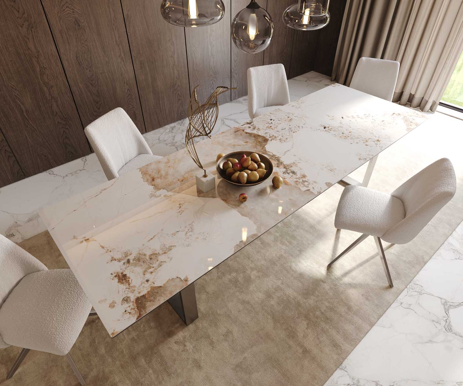 Stół do jadalni Edge 300x100cm ceramika Minas Melange biało-beżowy stal nierdzewna wąska rama 5