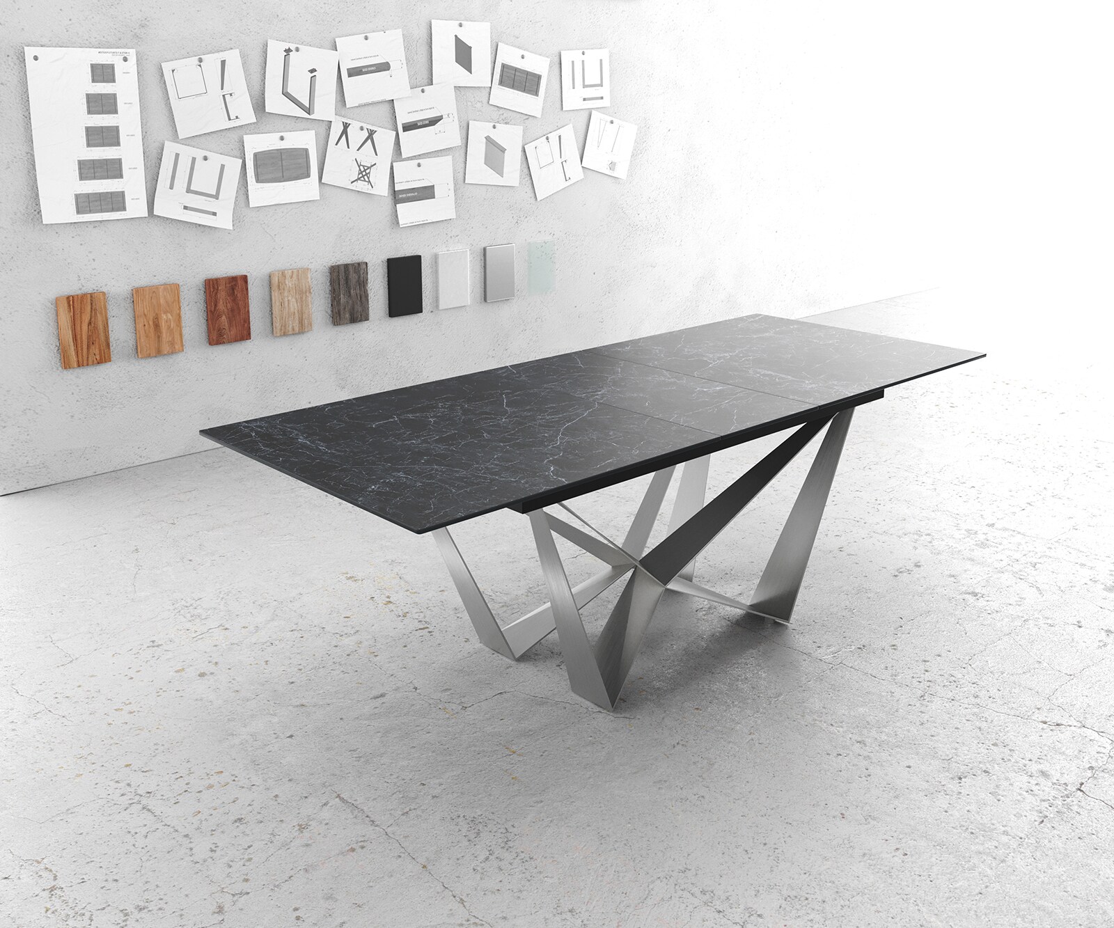 Stół do jadalni Edge 180-220x100 cm ceramika Laminam® Nero Greco antracyt rama Spider stal nierdzewna rozkładany