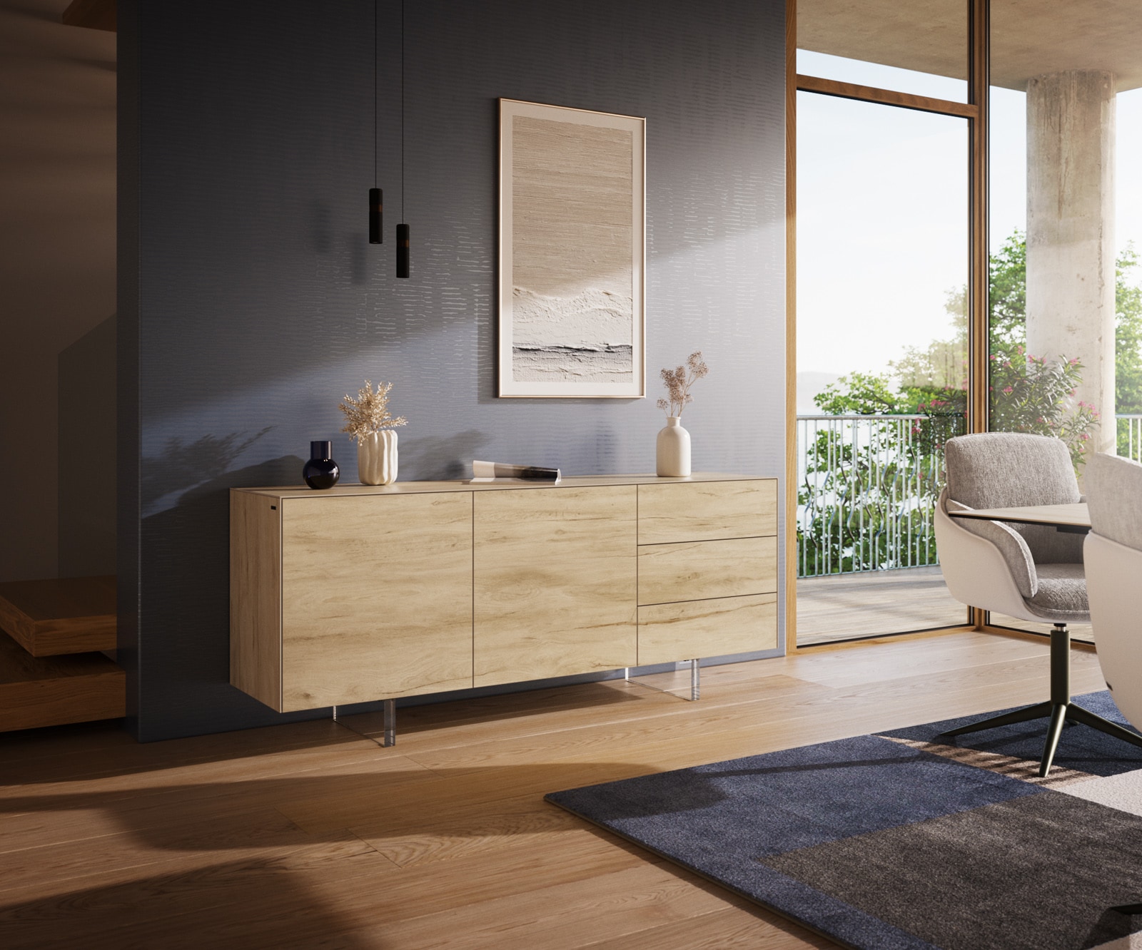Komoda Cuor 180 cm ceramika Laminam® Sabbia (kolor dębu) 2 drzwi 3 szuflady nóżki wąskie szkło akrylowe 1