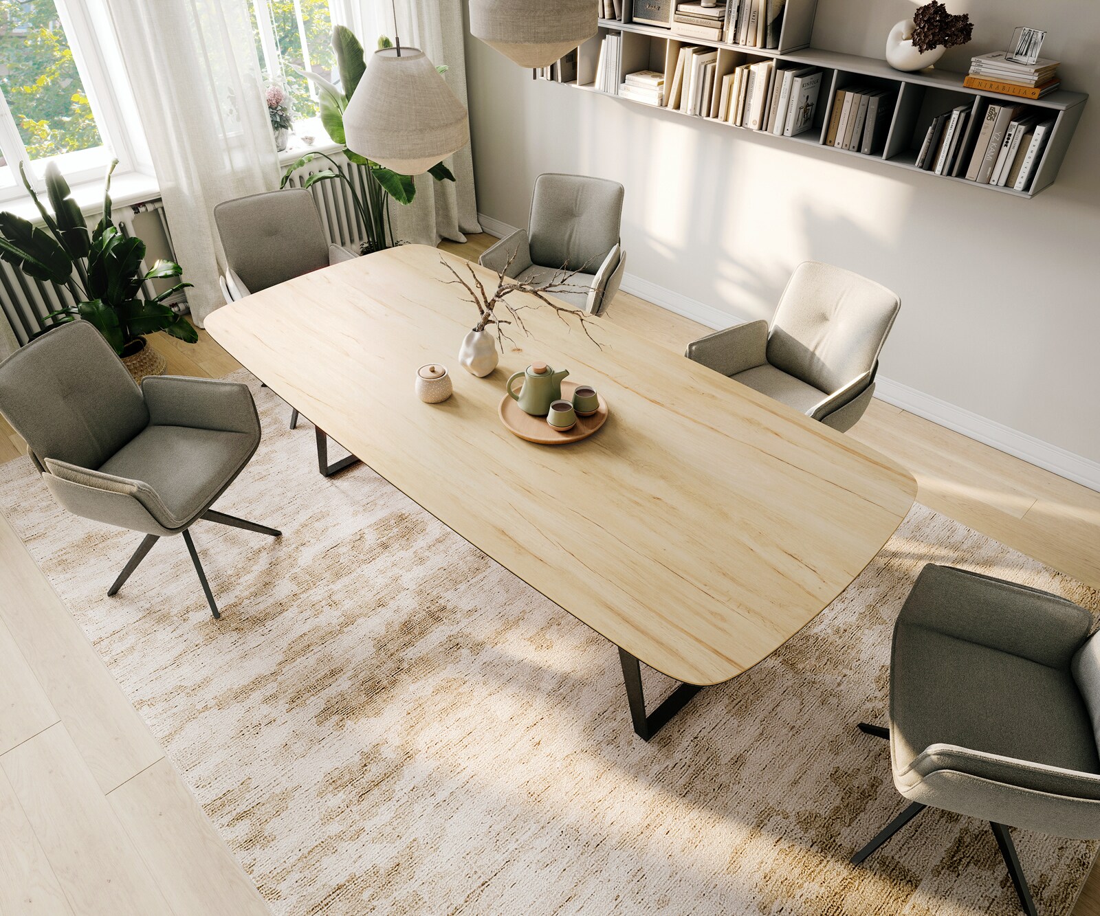 Stół do jadalni Edge w kształcie beczki 260x120 cm ceramika Laminam® Sabbia w kolorze dębu rama pochylona metal czarny 3