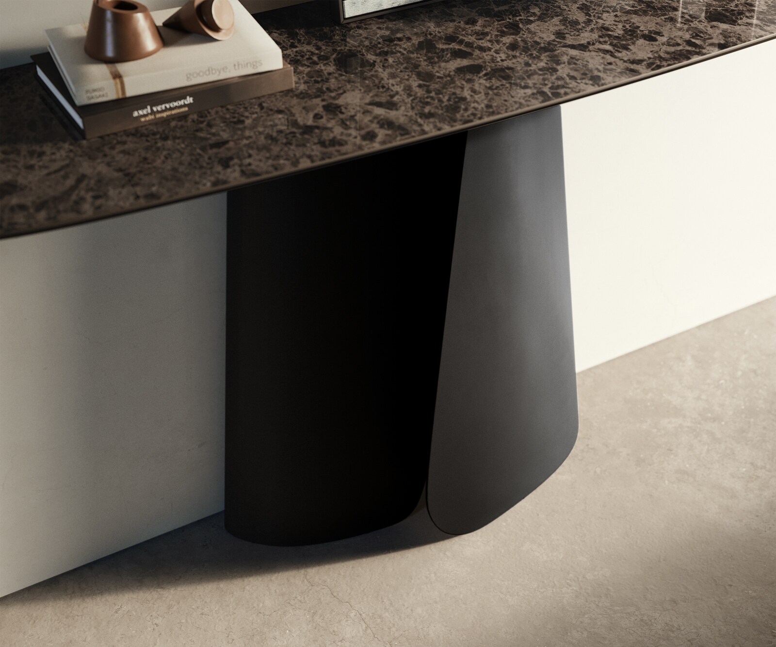 Konsola Edge w kształcie beczki 140x40 cm ceramika Emperador Extra Lucidato ciemnobrązowa podstawa Livos metal czarny 6