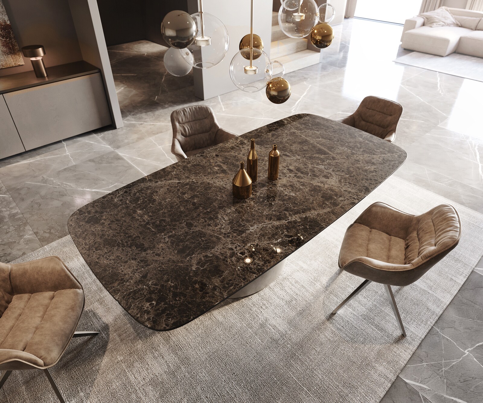Stół do jadalni Edge w kształcie beczki 240x120 cm ceramika Laminam® Emperador Extra Lucidato ciemnobrązowa rama Cono metaliczny srebrny 4