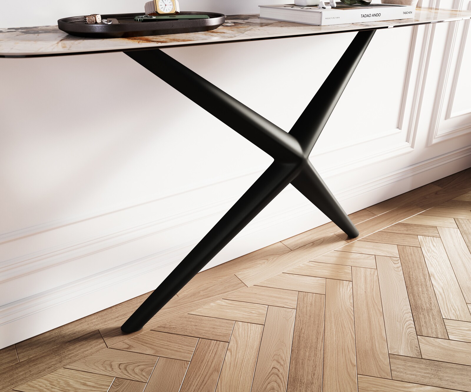 Konsola Edge w kształcie beczki 140x40 cm ceramika Patagonia rama Estelo metal czarny 5