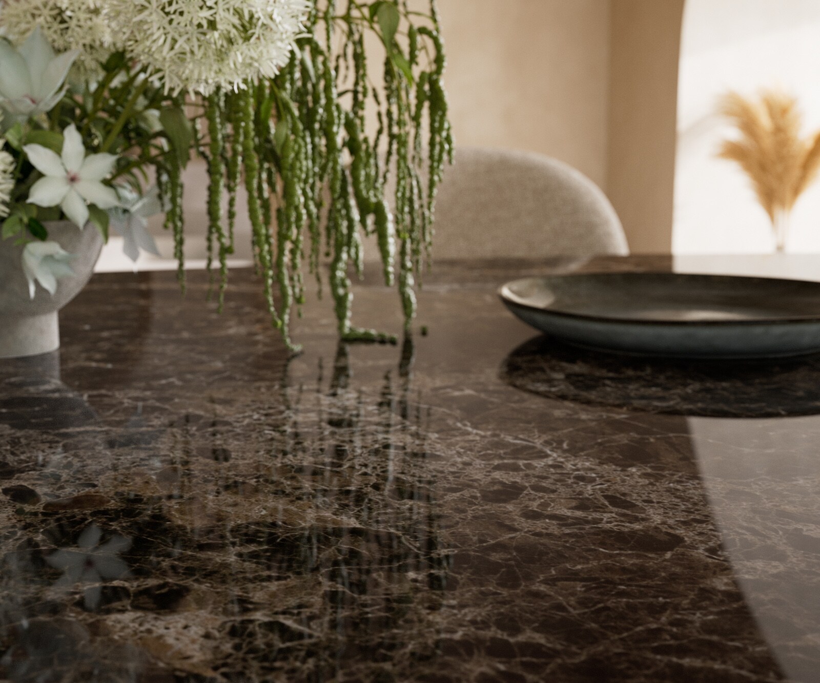 Stół do jadalni Edge owalny 220x120cm ceramika Laminam® Emperador Extra Lucidato ciemnobrązowy rama W metal kolor tytanowy 6