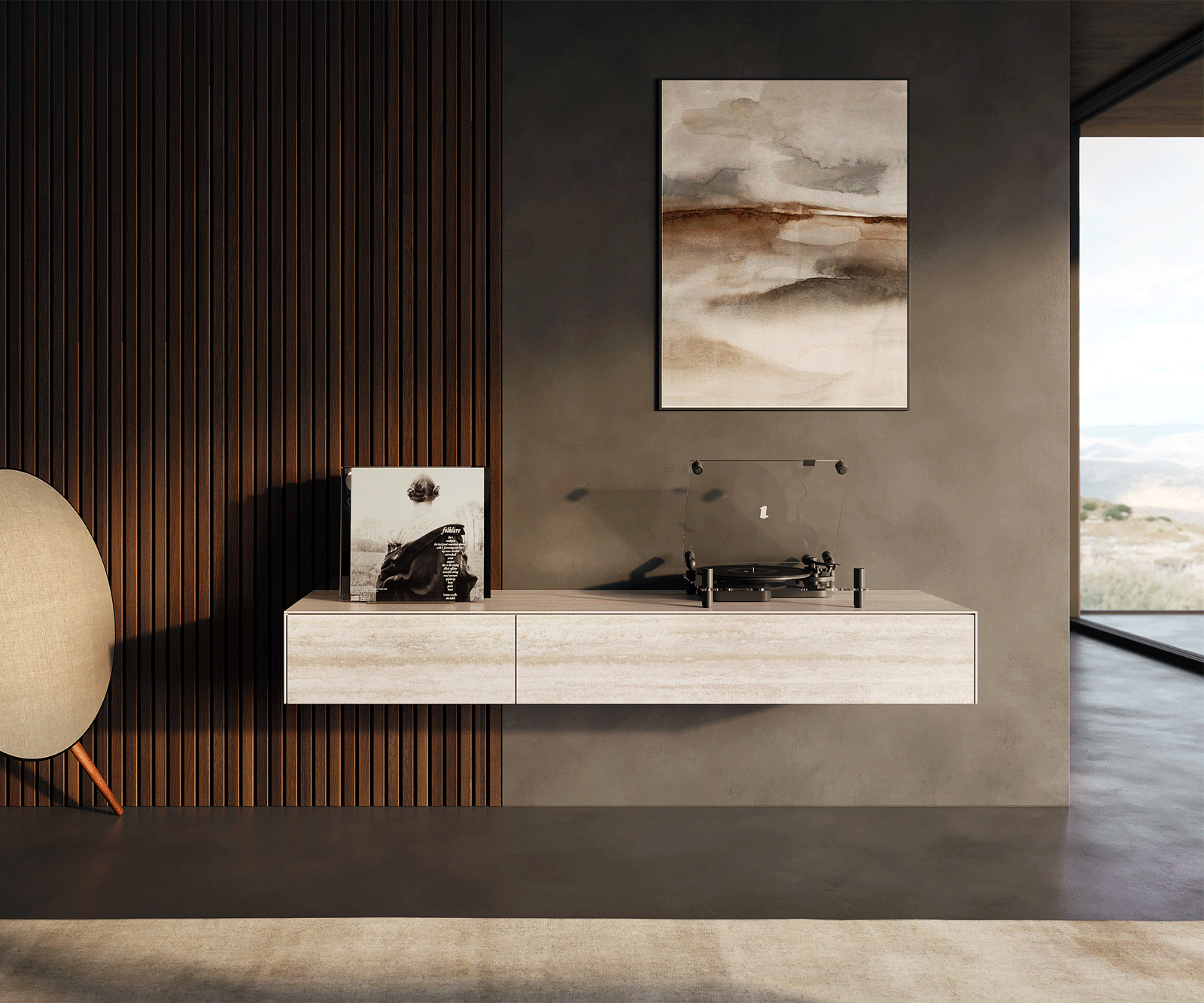 Szafka RTV Cuor 150 cm ceramika Laminam® Travertino Bianco kremowo-biała 1 klapa 1 szuflada podwieszana 1