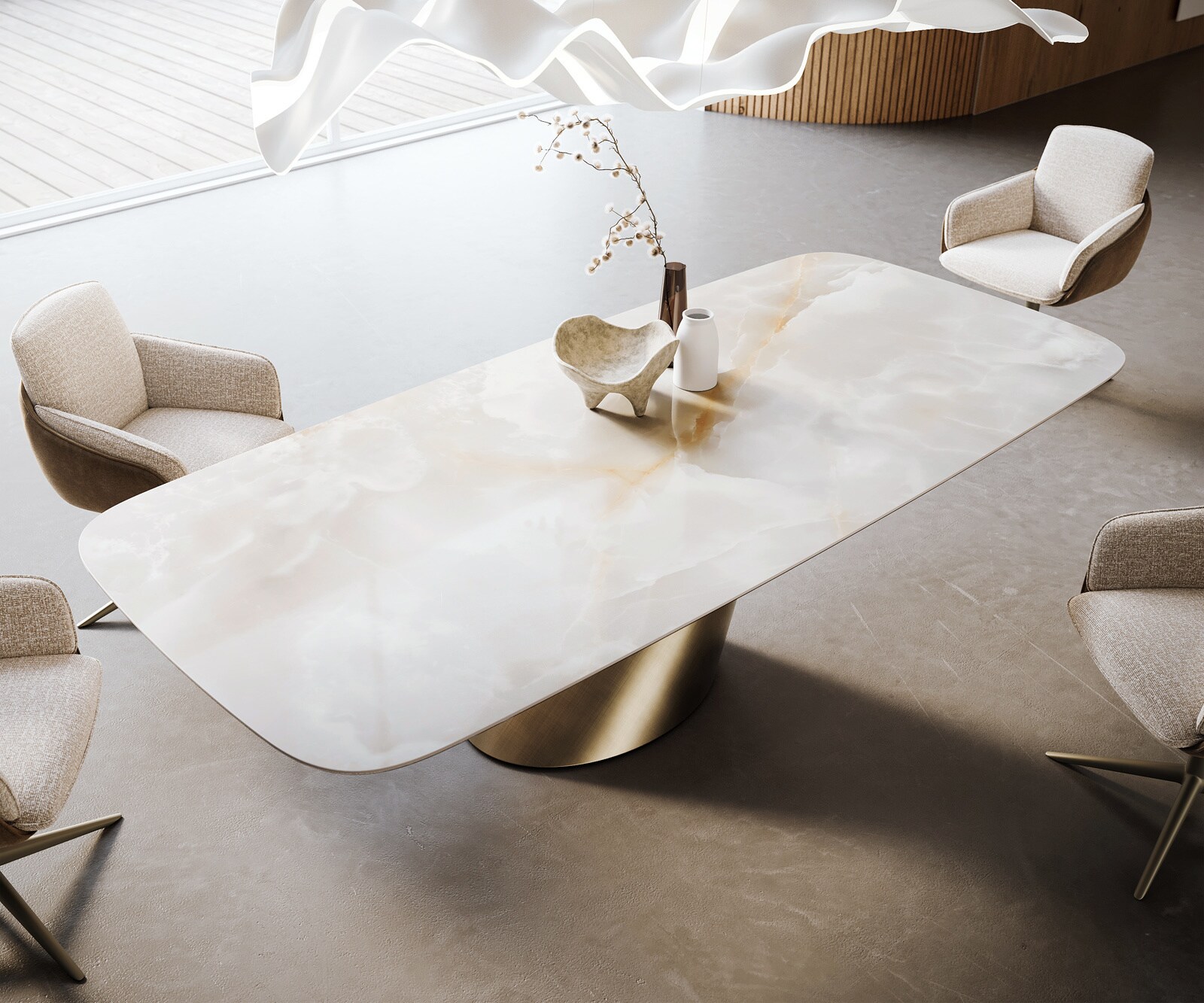 Stół do jadalni Edge w kształcie beczki 270x120 cm ceramika Iris FMG Onice Grigio rama Cono metaliczny złoty 4