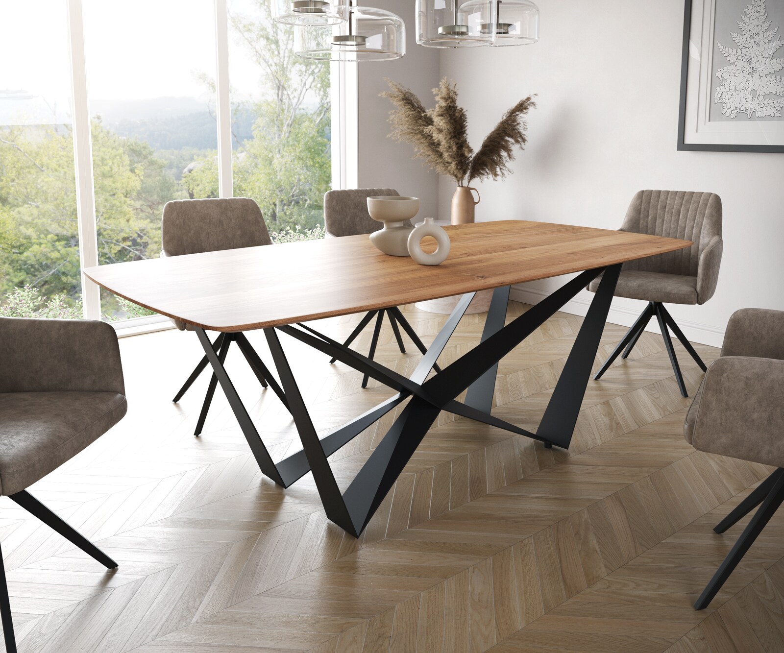 Stół do jadalni Edge kształt beczki 200x100cm akacja naturalna rama Spider metal czarna krawędź szwajcarska 1