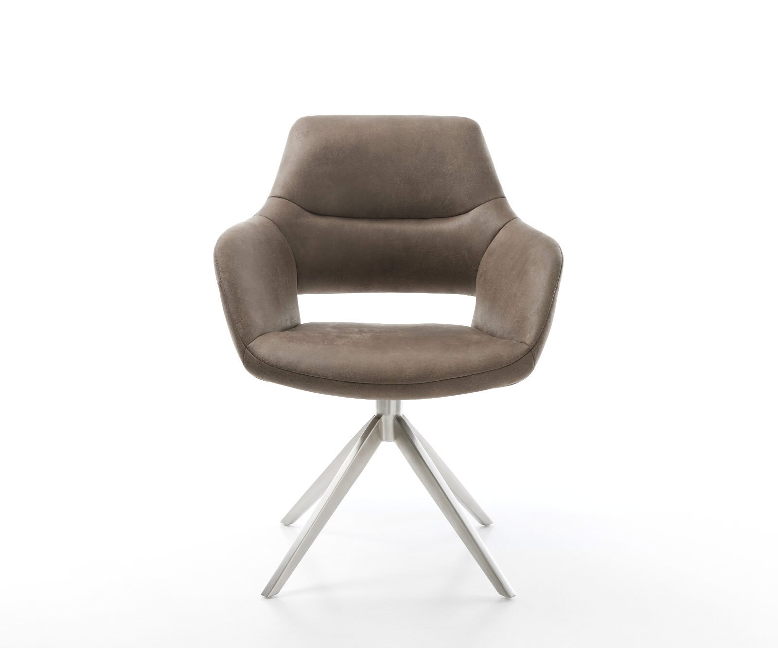 Krzesło do jadalni Yago-Flex z podłokietnikami mikrofibra szaro-brązowa vintage rama krzyżowa szeroka stal nierdzewna obracane o 360° funkcja kołyski ze sprężynami kieszeniowymi 1
