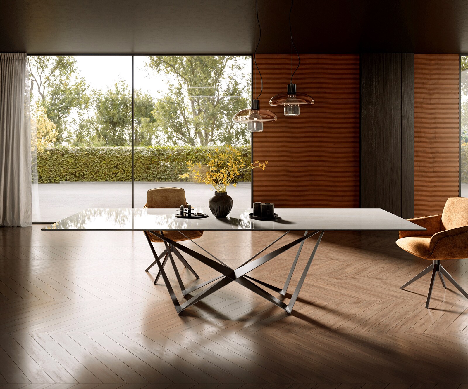 Stół do jadalni Edge 300x100 cm ceramika Onyx Champagne rama Spider stal nierdzewna kolor grafitowy 2