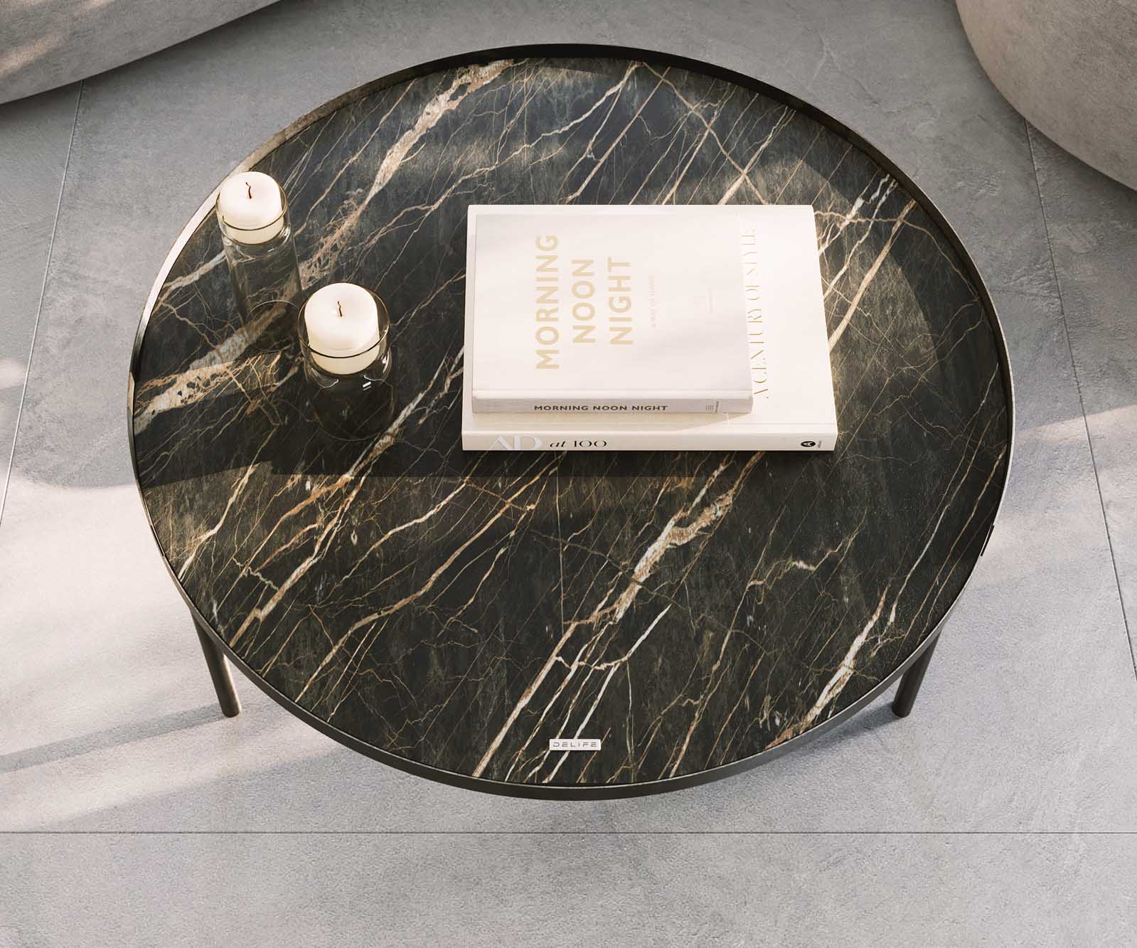 Stolik kawowy Torell 80x80 cm ceramika Laminam®Noir Desir brązowa podstawa czarna metalowa 6