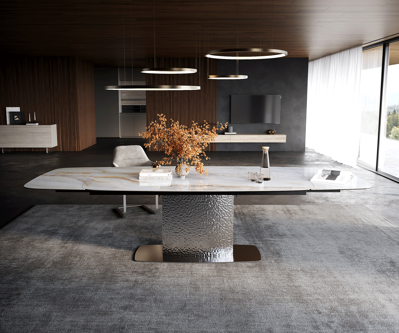 Stół do jadalni Edge w kształcie beczki 200-300x120 cm ceramika Onyx Pearl rama Wave stal nierdzewna rozkładany 2