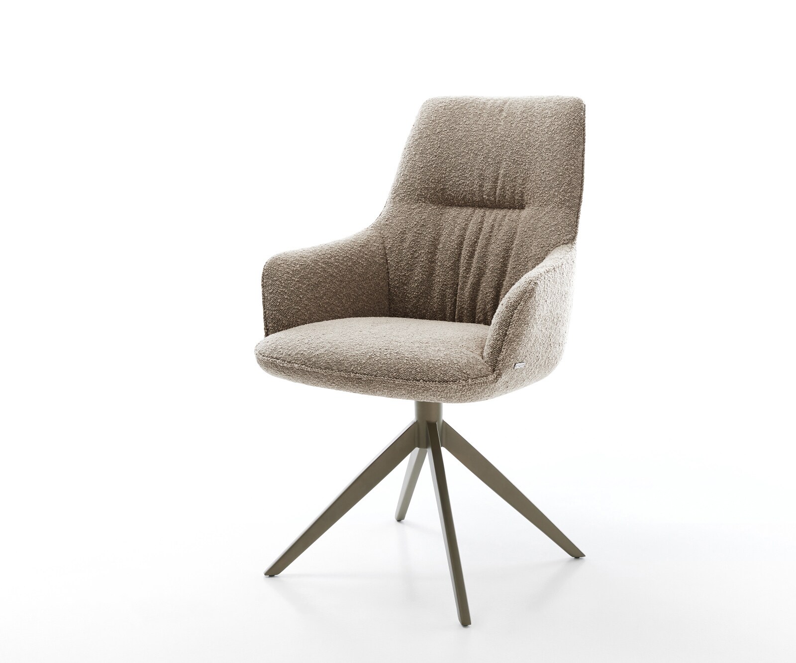 Krzesło Zelia-Flex z podłokietnikami bouclé szaro-brązowy podstawa krzyżowa szeroka metal w kolorze tytanu obracane o 360° funkcja kołyski sprężyny kieszeniowe