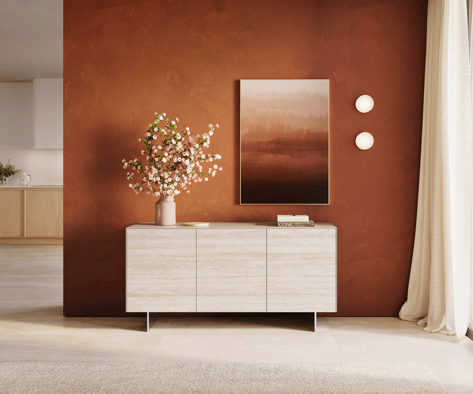 Komoda Cuor 150 cm ceramika Laminam® Travertino Bianco kremowo-biała 3 drzwi nóżki wąskie stal nierdzewna 2