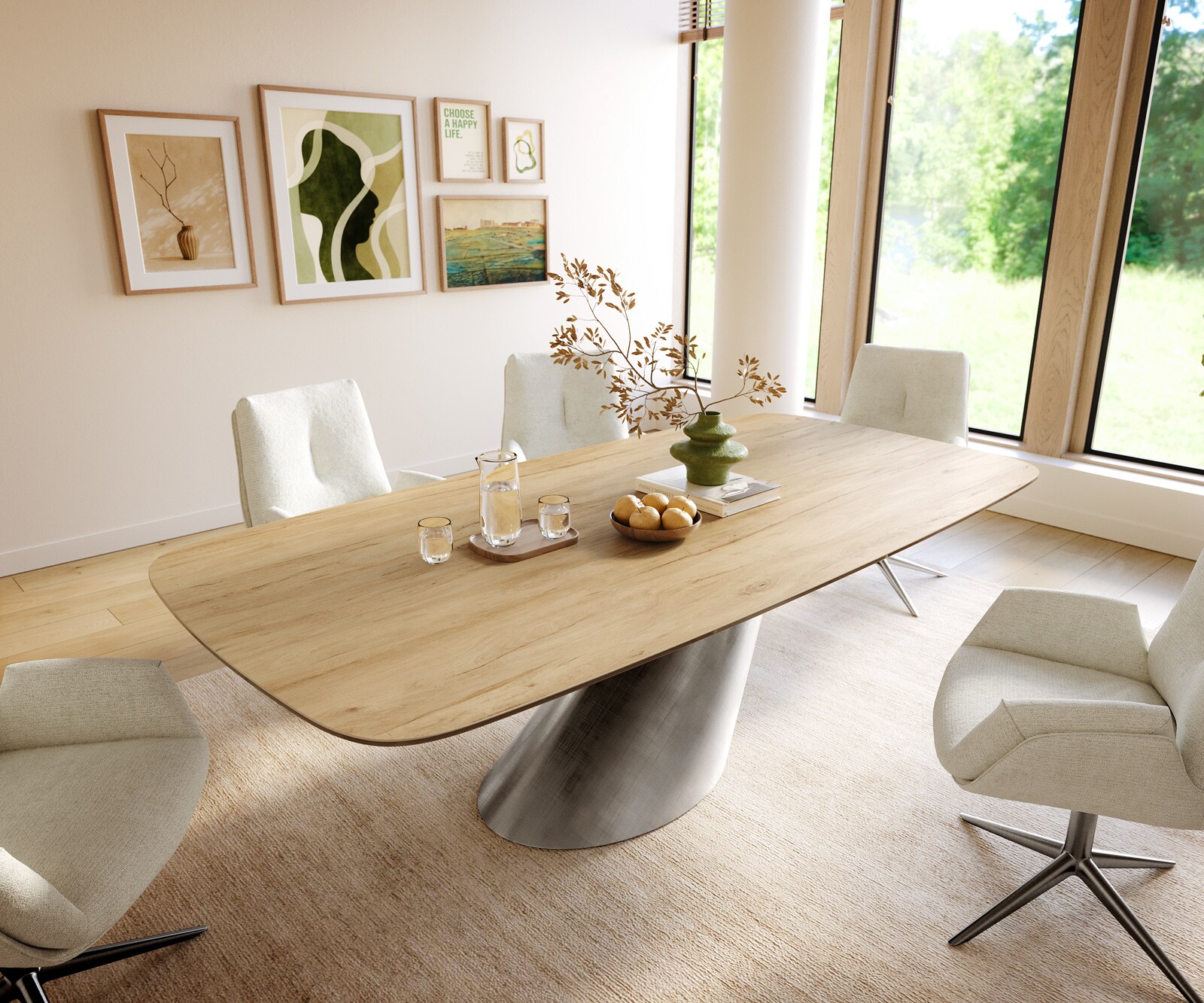 Stół do jadalni Edge w kształcie beczki 240x120 cm ceramika Laminam® Sabbia w kolorze dębu rama Cono metaliczny srebrny