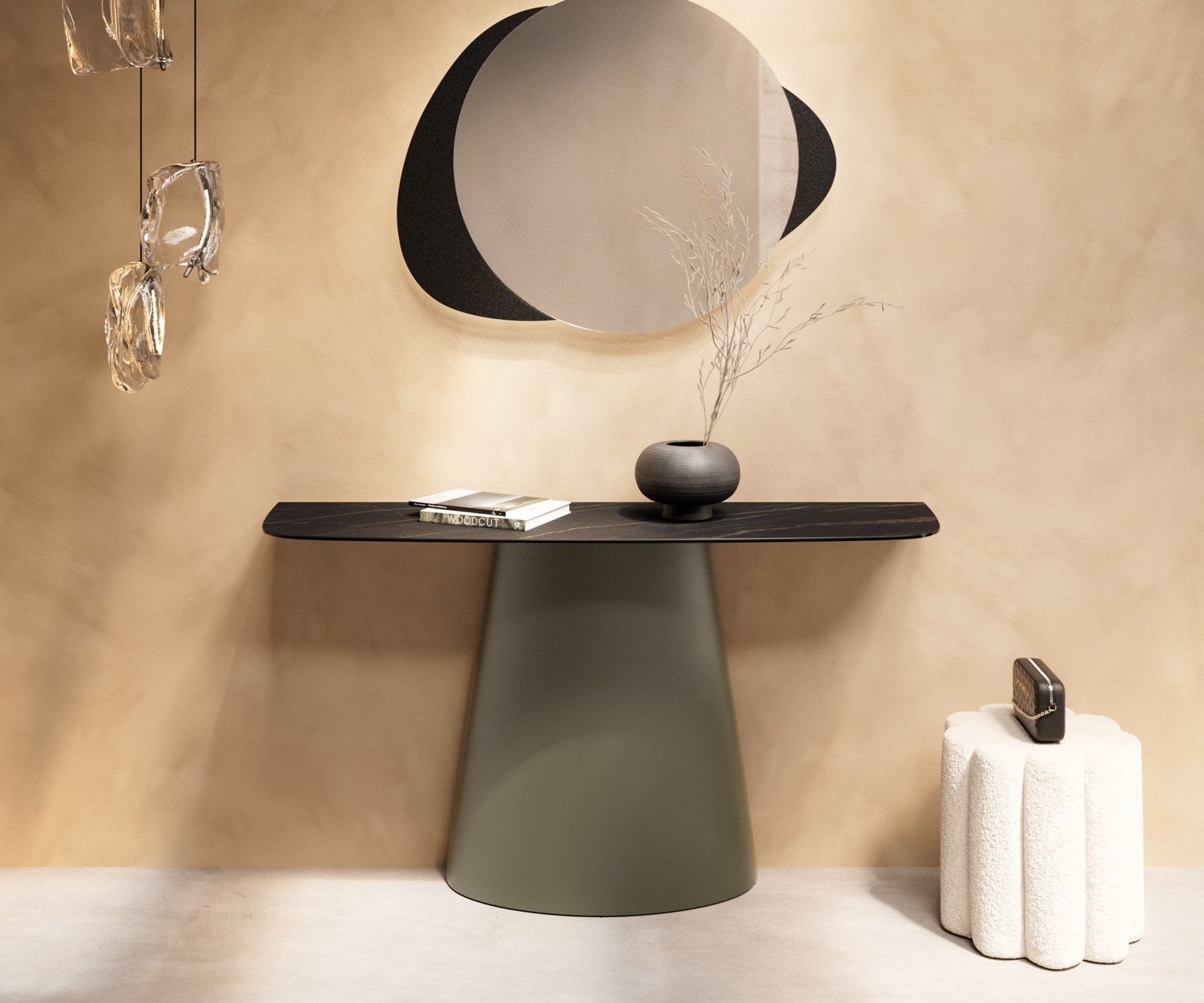 Konsola Edge w kształcie beczki 140x40 cm ceramika Laminam® Noir Desir brązowa rama Conos metal w kolorze tytanu 1