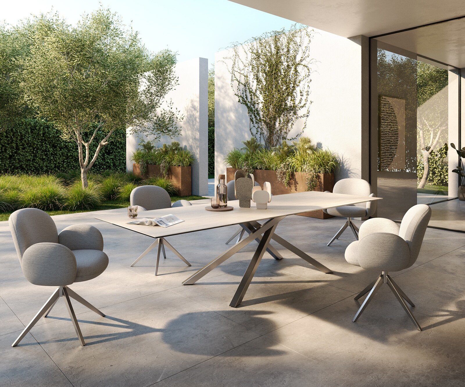 Stół ogrodowy Edge 300x100 cm ceramika Laminam® Travertino Bianco kremowo-biały rama Cross stal nierdzewna 5