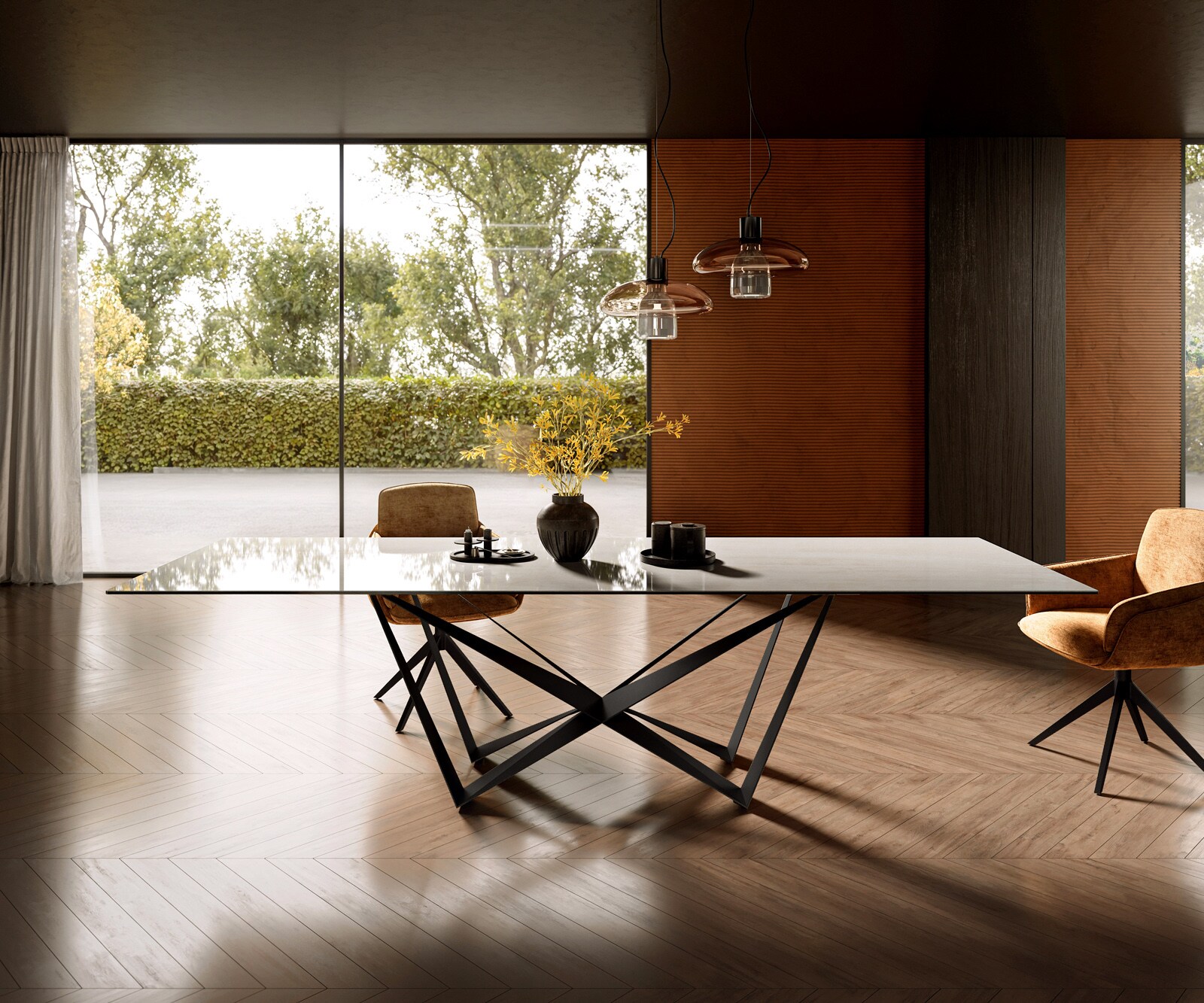 Stół do jadalni Edge 300x100 cm ceramika Onyx Champagne rama Spider metal czarny 2