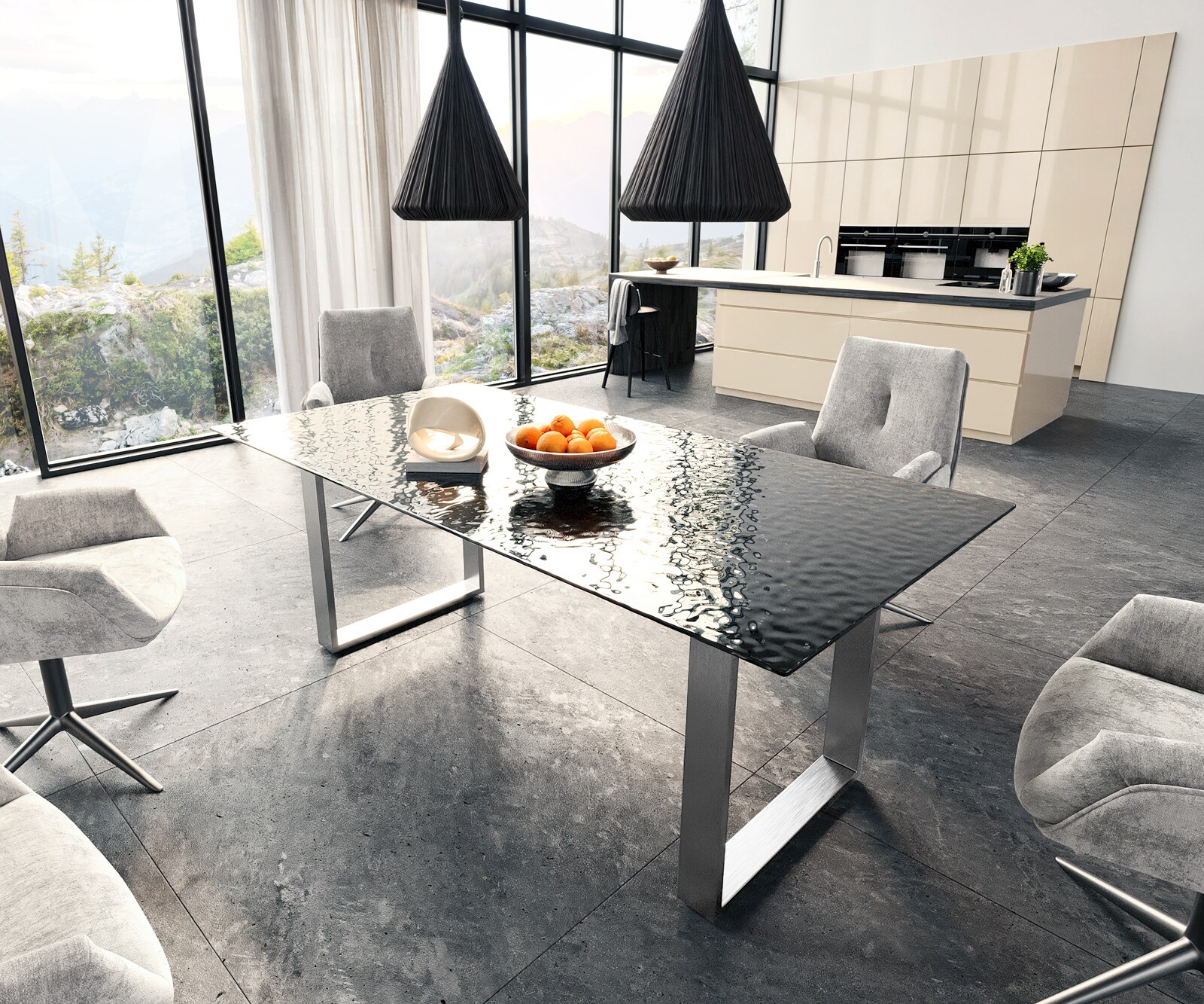 Stół do jadalni Edge 200x100 cm szkło reliefowe czarne efekt 3D stal nierdzewna wąska rama