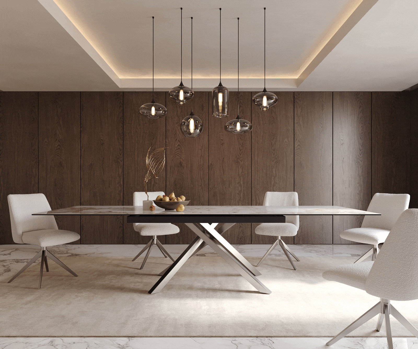 Stół do jadalni Edge 200-300x100 cm ceramika Minas Melange biało-beżowy rama Cross stal nierdzewna rozkładany 2