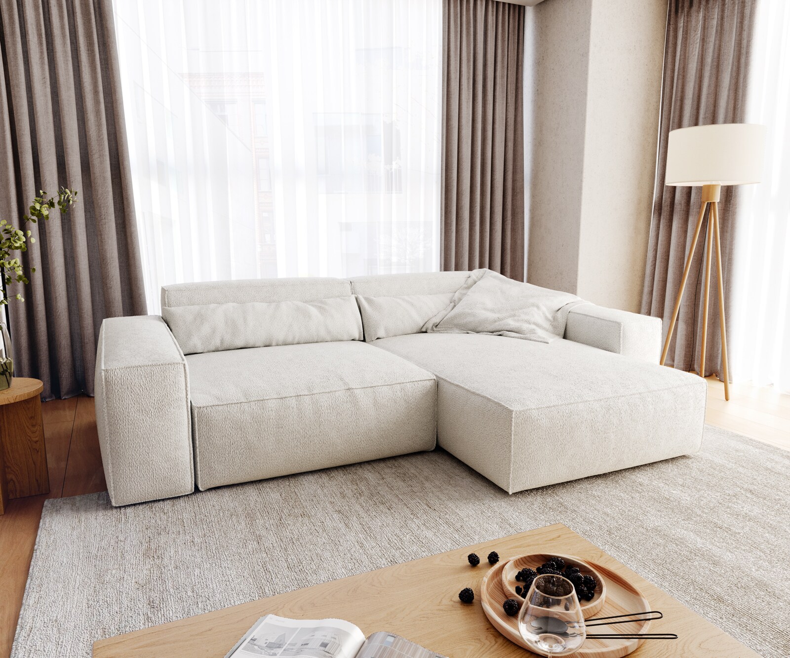 Sofa narożna Sirpio XL 270x170cm bouclé kremowo-biały szezlong z możliwością zmiennego ustawienia