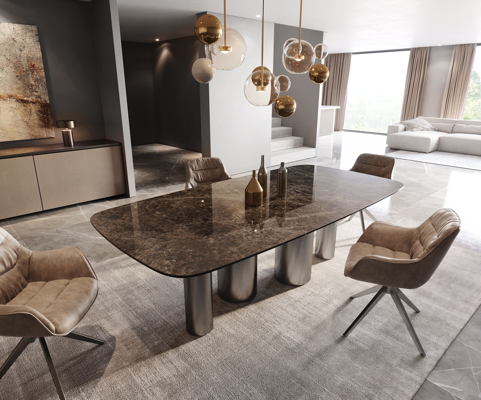 Stół do jadalni Edge kształt beczki 240x120cm ceramika Emperador Extra Lucidato ciemnobrązowy rama Pilier stal nierdzewna grafit 1