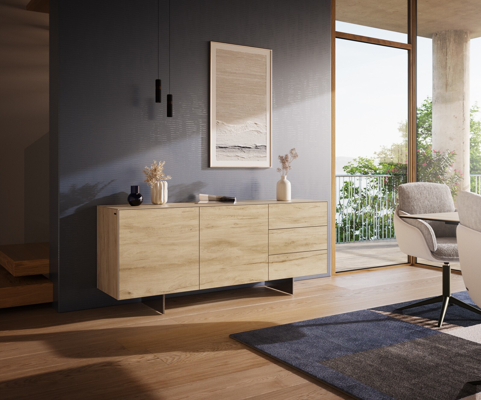 Komoda Cuor 180 cm ceramika Laminam® Sabbia (kolor dębu) 2 drzwi 3 szuflady nóżki wąskie stal nierdzewna