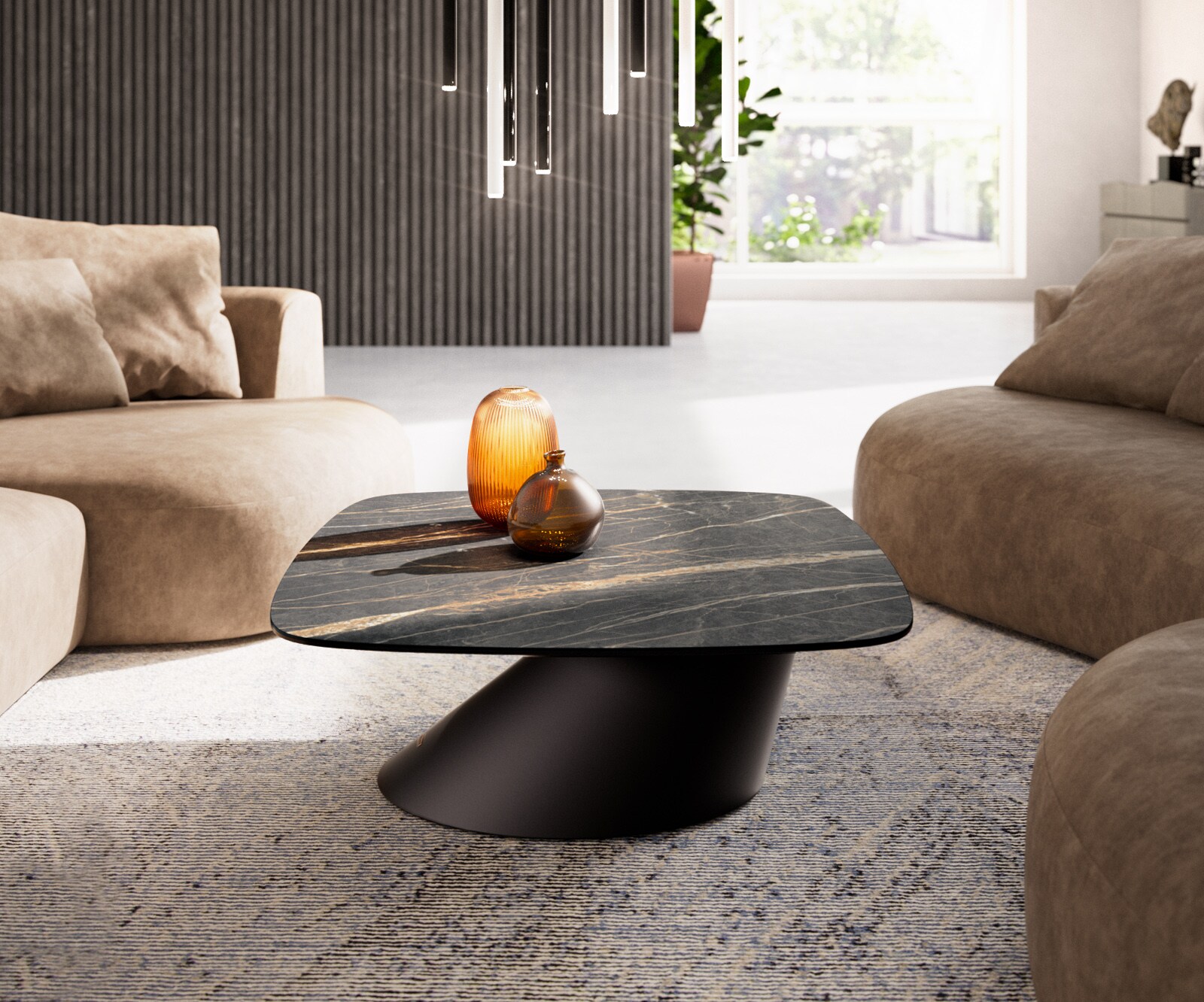Stolik kawowy Edge w kształcie beczki 90x90 cm ceramika Laminam® Noir Desir brązowy Conis czarny metal 2