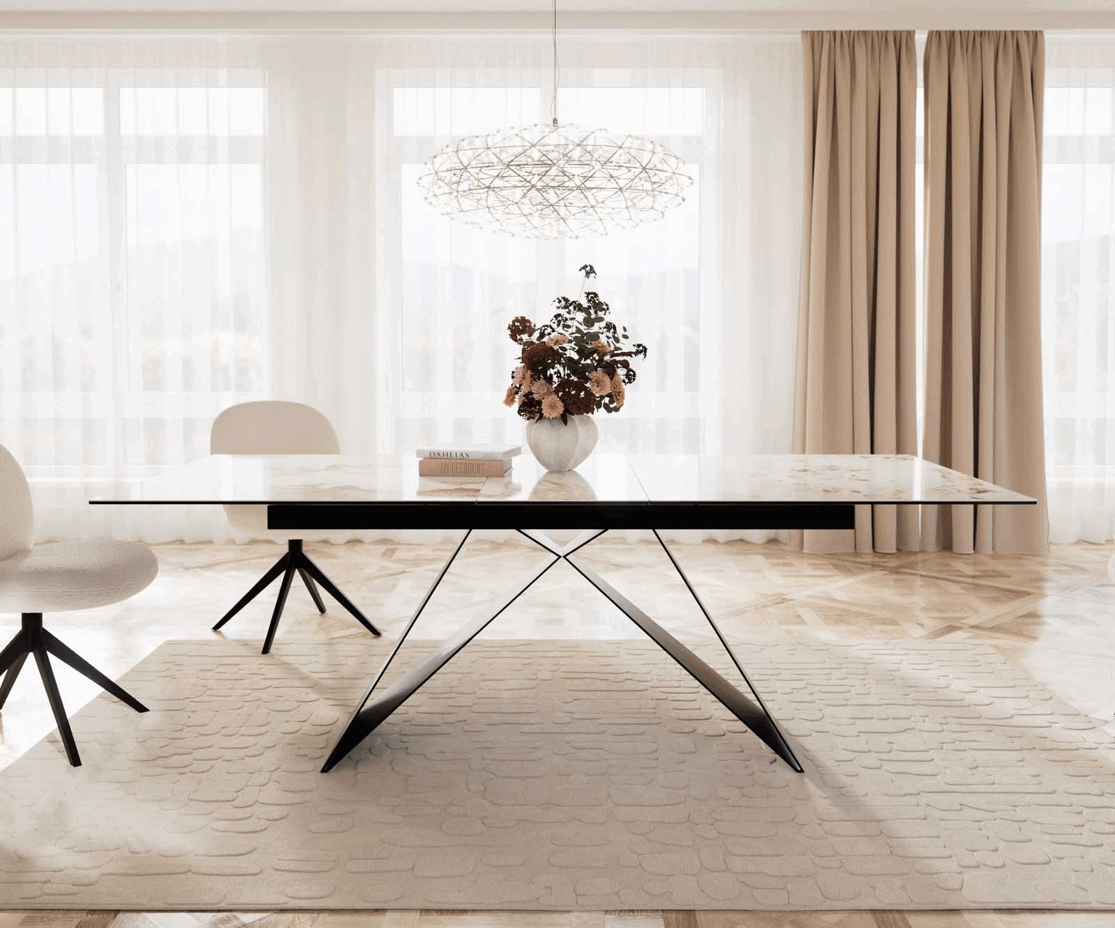 Stół do jadalni Edge 180-220x100 cm ceramika Minas Melange biało-beżowy rama V metal czarna rozkładany 1