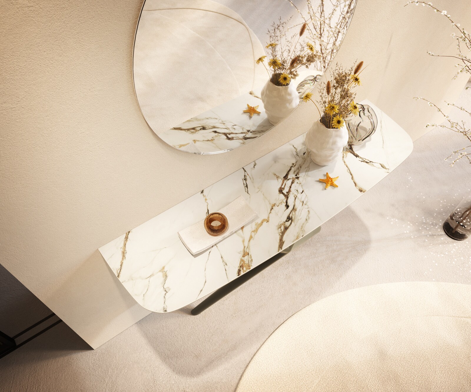 Konsola Edge w kształcie beczki 140x40 cm ceramika Calacatta Luxe biało-złoto-szara rama Estelo metal w kolorze tytanu 2