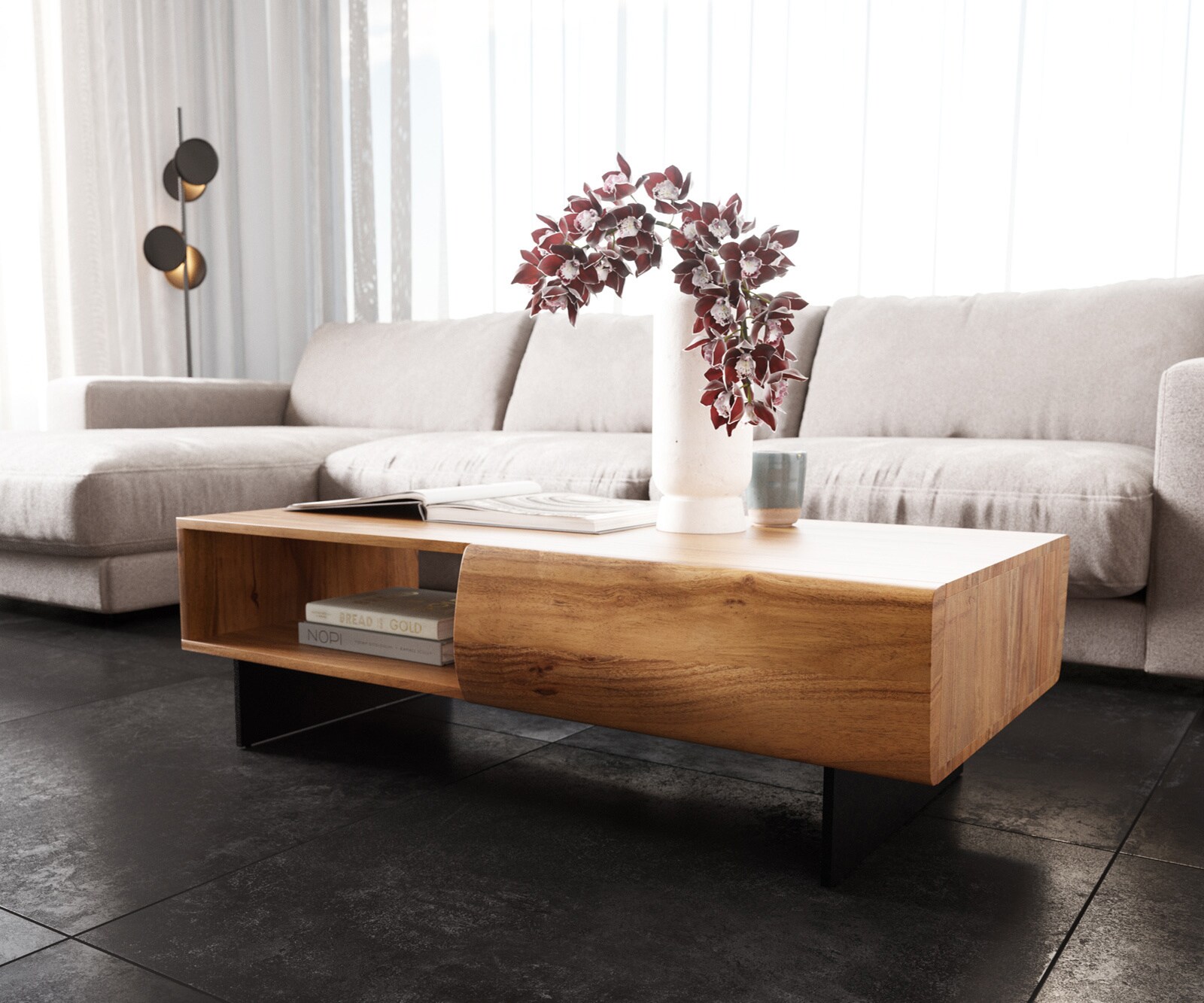 Stolik kawowy New Live-Edge 115x60 cm akacja naturalna 2 szuflady 1 przegroda nóżki wąskie metal czarny